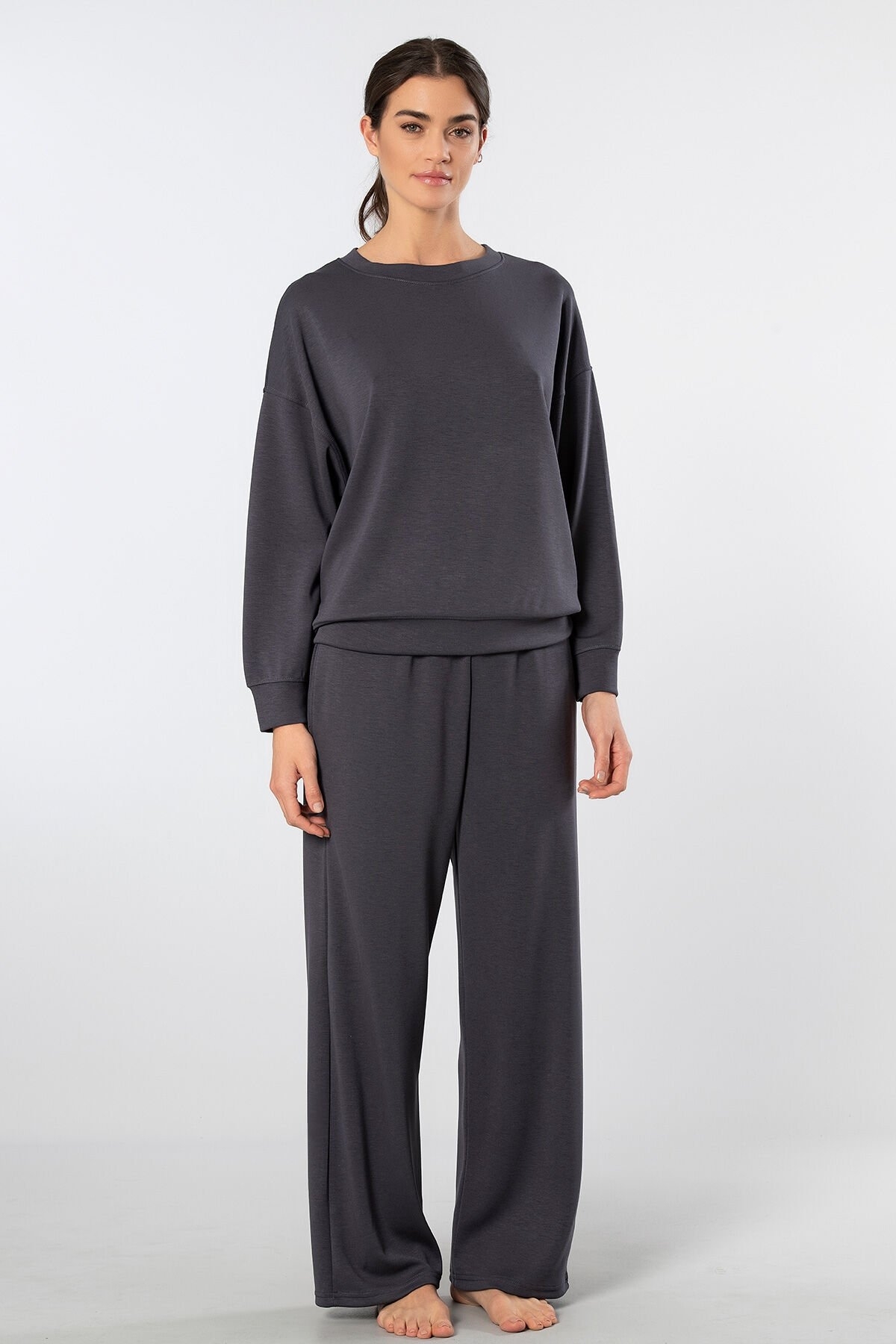 Kahverengi Viskon Polyester Elastan Kadın Eşofman Takımı Türen 3610 - Antrasit