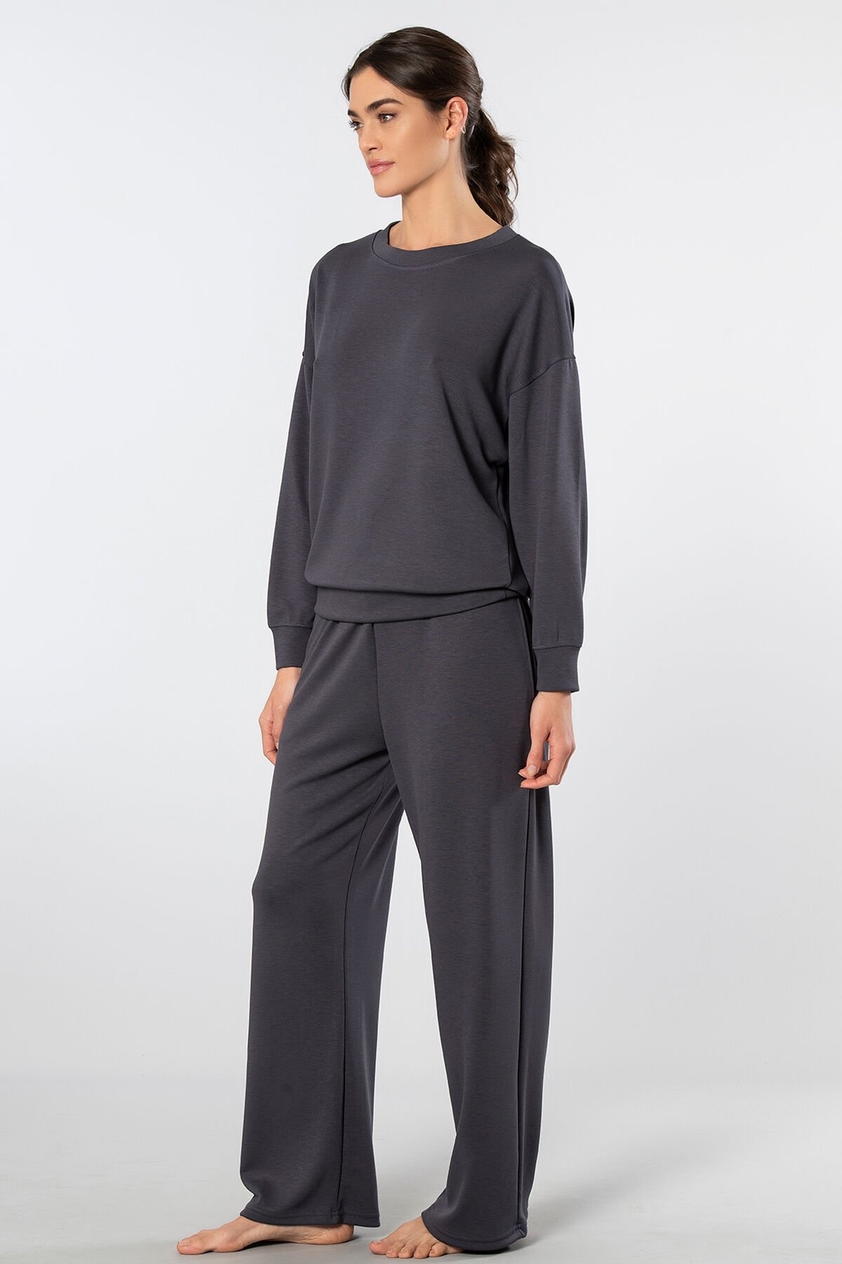 Kahverengi Viskon Polyester Elastan Kadın Eşofman Takımı Türen 3610 - Antrasit