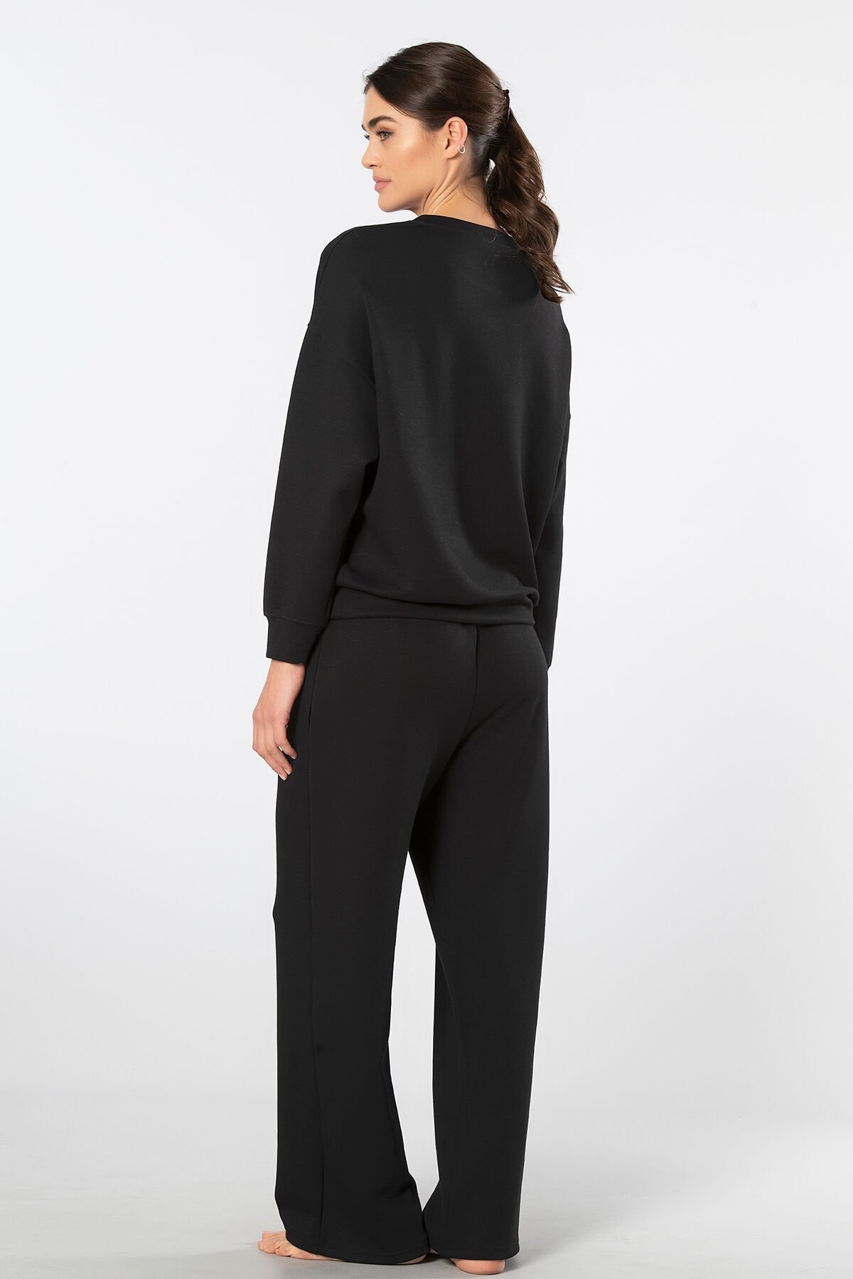 Viskon Polyester Elastan Cepli Bisiklet Yaka Eşofman Takımı Türen 3610 - Siyah