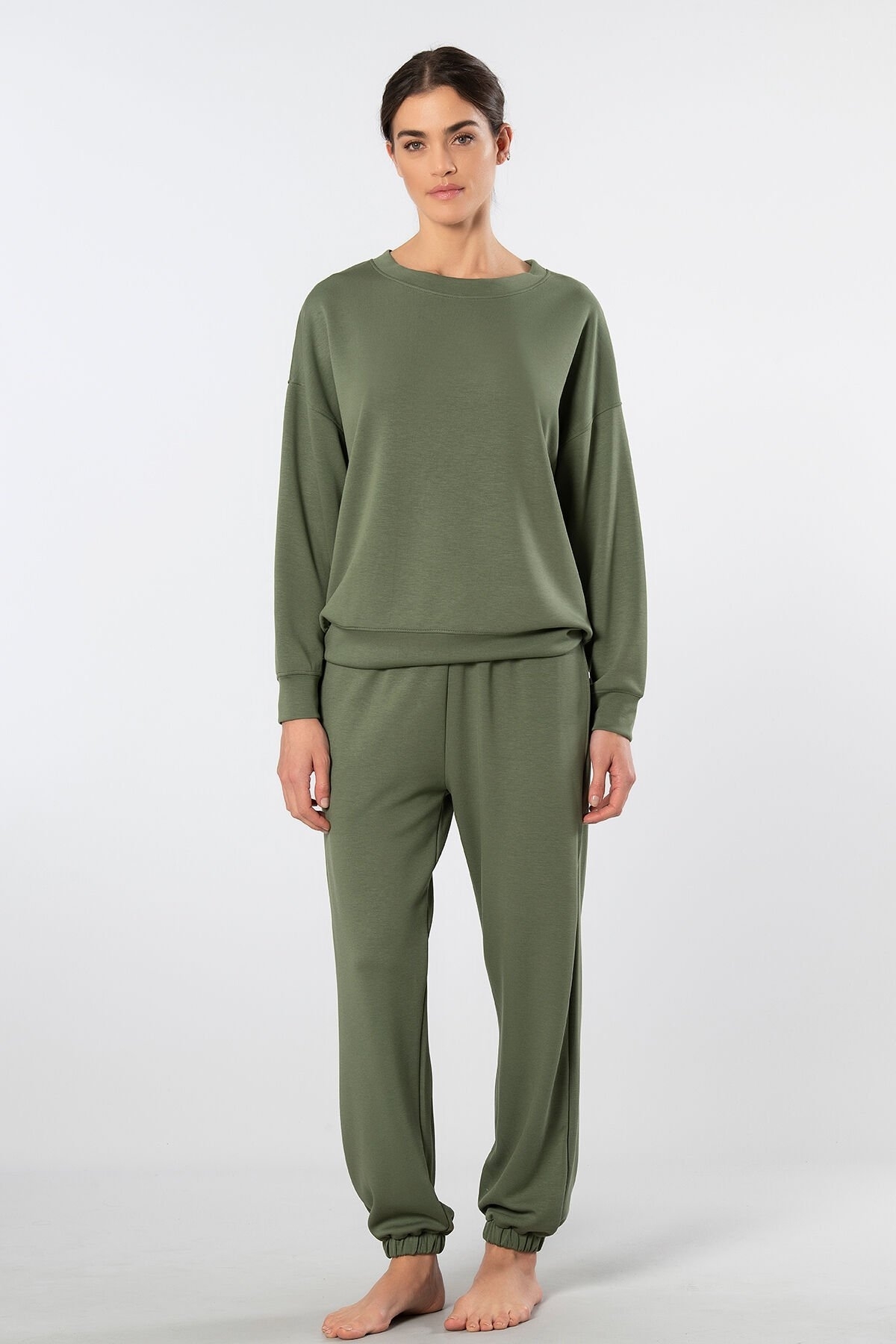 Viskon Polyester Elastan Uzun Kollu Jogger Kadın Eşofman Takımı Türen 3611 - Yeşil