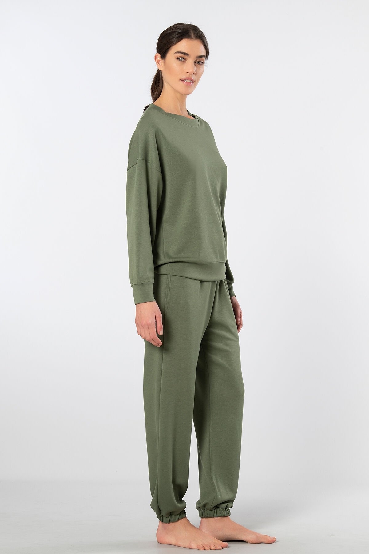 Viskon Polyester Elastan Uzun Kollu Jogger Kadın Eşofman Takımı Türen 3611 - Yeşil