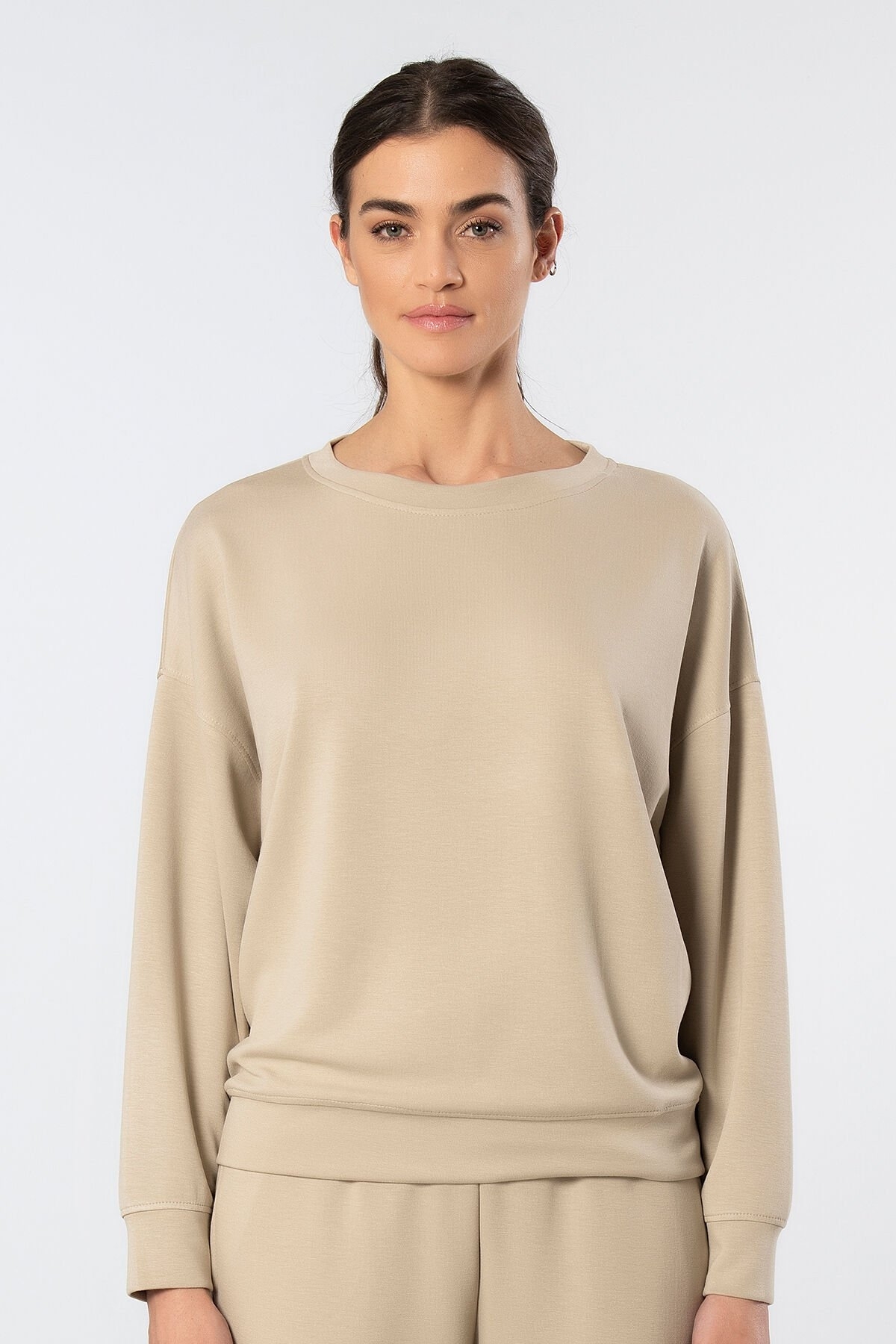 Viskon, Polyester, Elastan Uzun Kollu Bisiklet Yaka Sweatshirt Türen 3613 - Bej