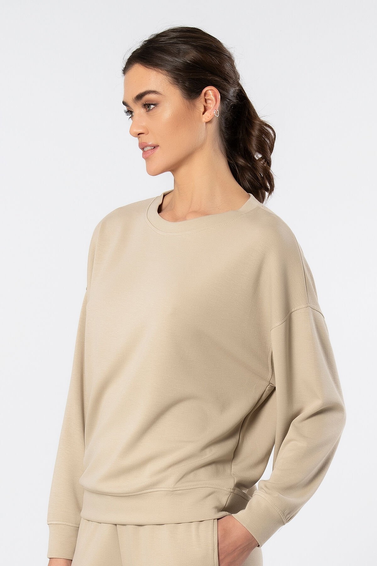 Viskon, Polyester, Elastan Uzun Kollu Bisiklet Yaka Sweatshirt Türen 3613 - Bej