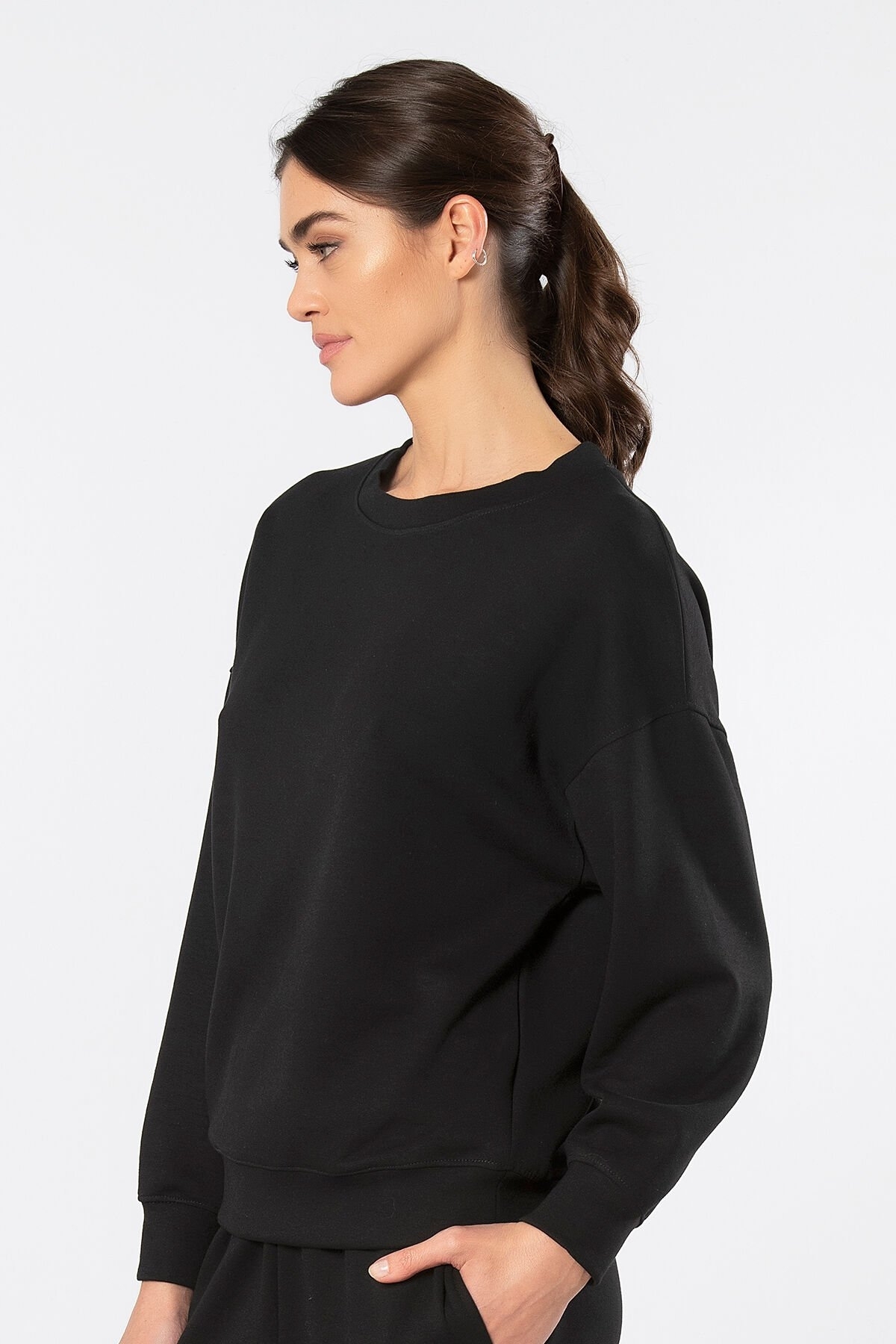 Viskon Polyester Elastan Siyah Bisiklet Yaka Kadın Sweatshirt Türen 3613 - Siyah