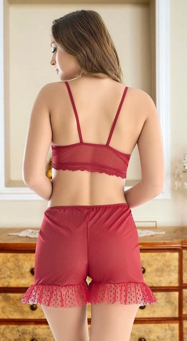 Bordo Tül Detaylı Şortlu Takım Nathalie 4014 - Bordo