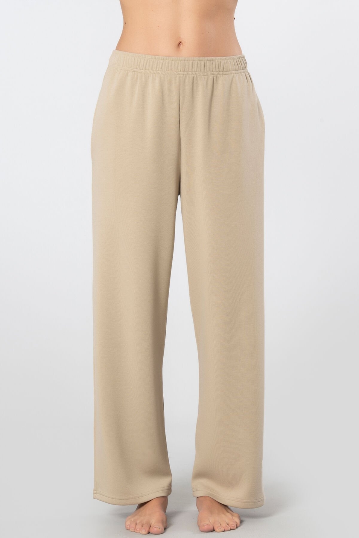 Boru Paça Kadın Cepli Eşofman Altı Viskon Polyester Türen 3615 - Bej