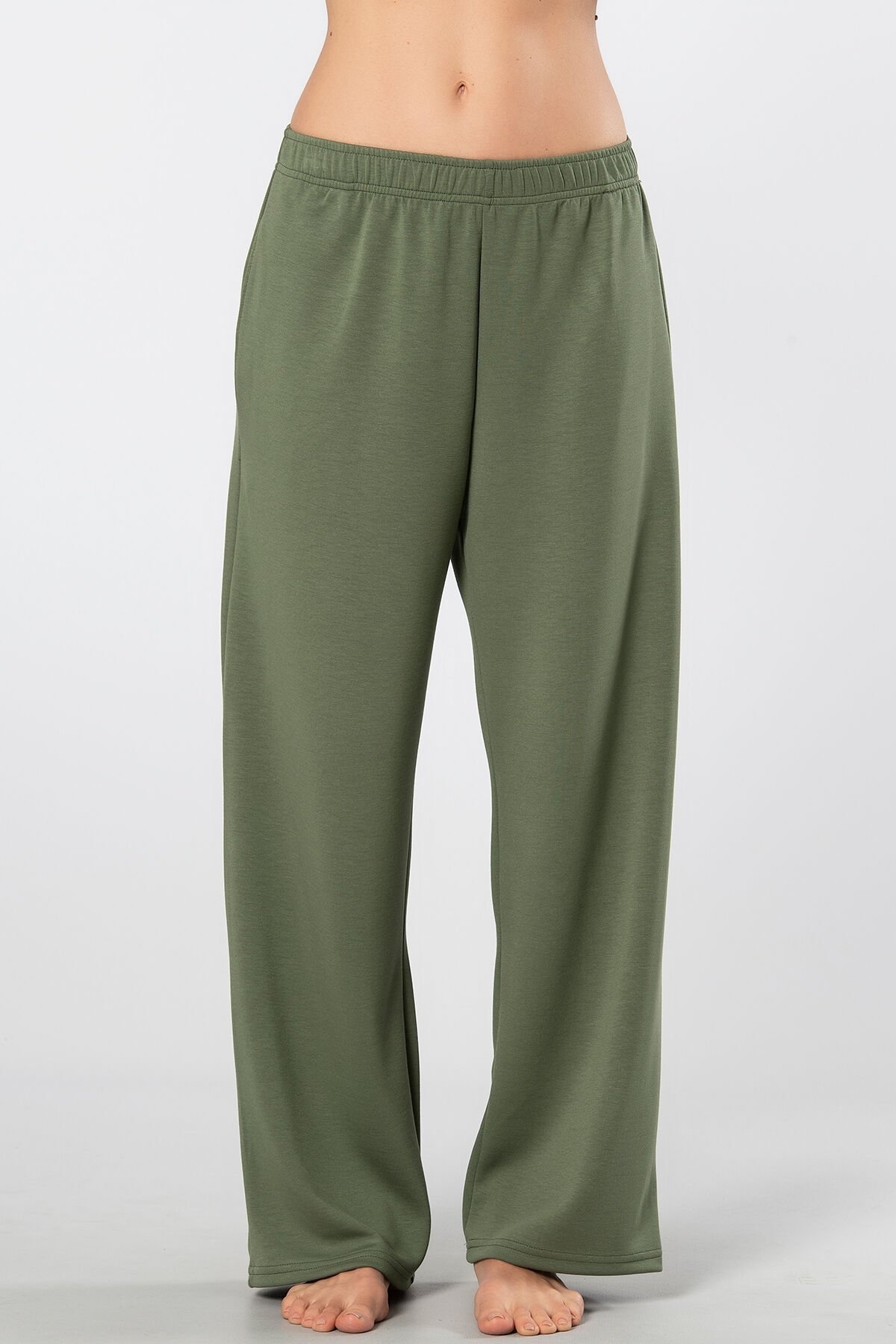 Viskon Polyester Lastikli Cepli Boru Paça Kadın Eşofman Altı Türen 3615 - Yeşil