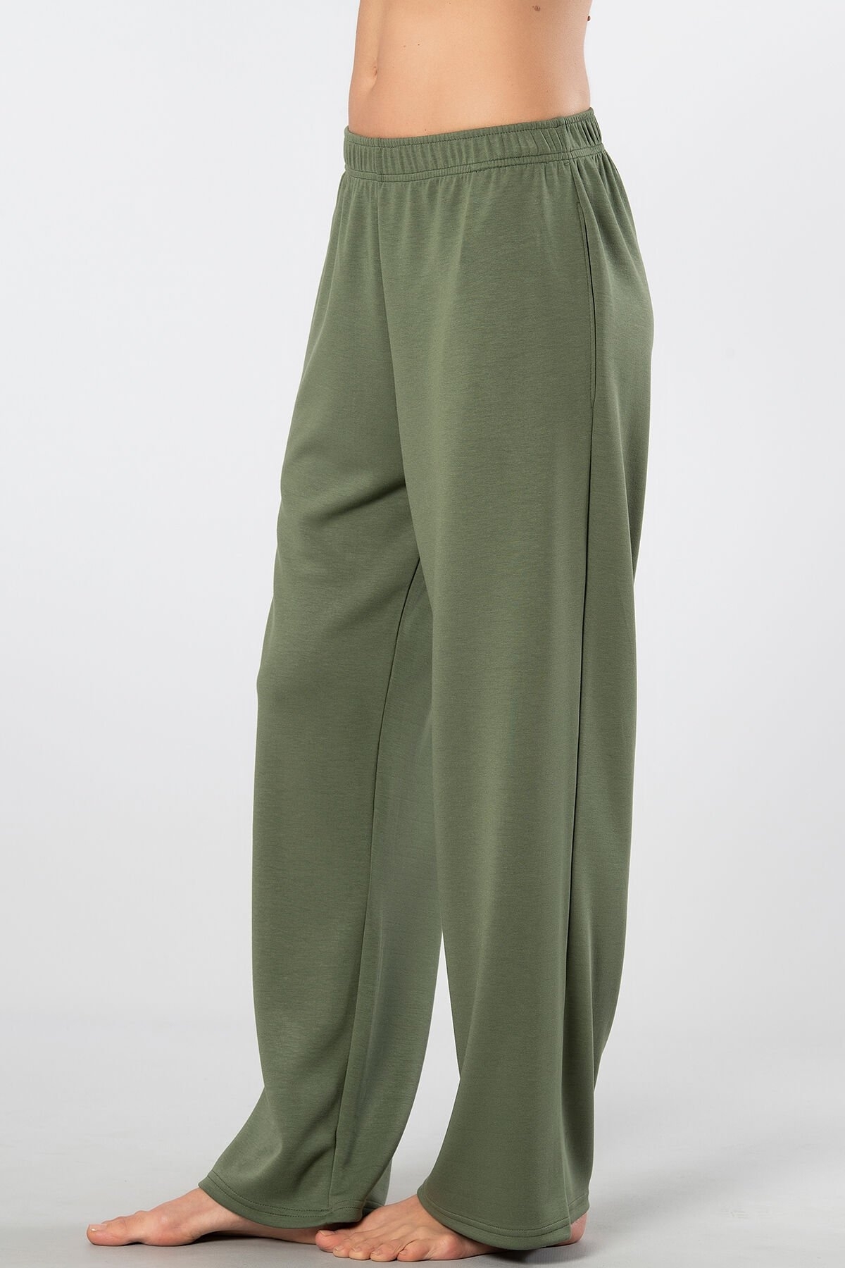 Viskon Polyester Lastikli Cepli Boru Paça Kadın Eşofman Altı Türen 3615 - Yeşil