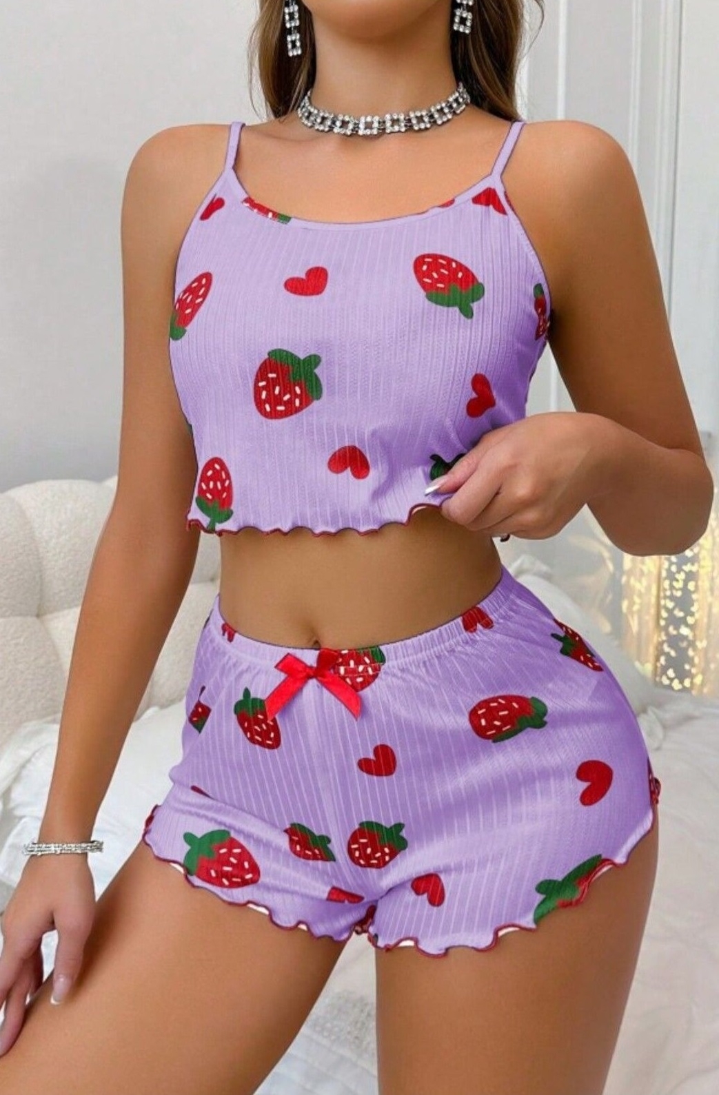 Çilek ve Kalp Desenli Lila Şort Takım Ruselin 5061 - Lila