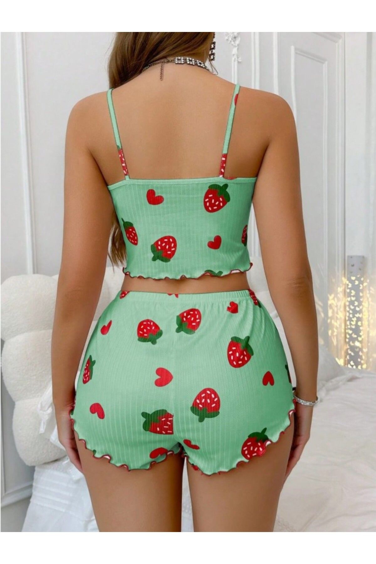 Ruselin Çilek Ve Kalp Desenli Yeşil Şort Takım Ruselin 5060 - Görsel 2