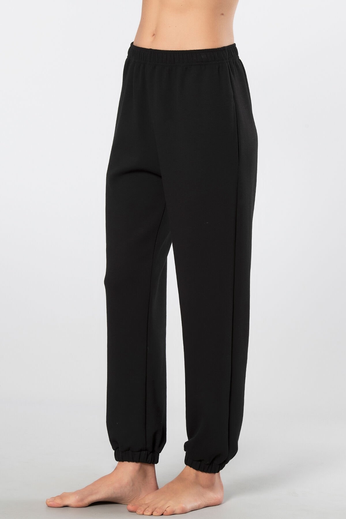 Siyah Lastikli Kadın Jogger Pantolon Viskon Polyester Türen 3614 - Siyah
