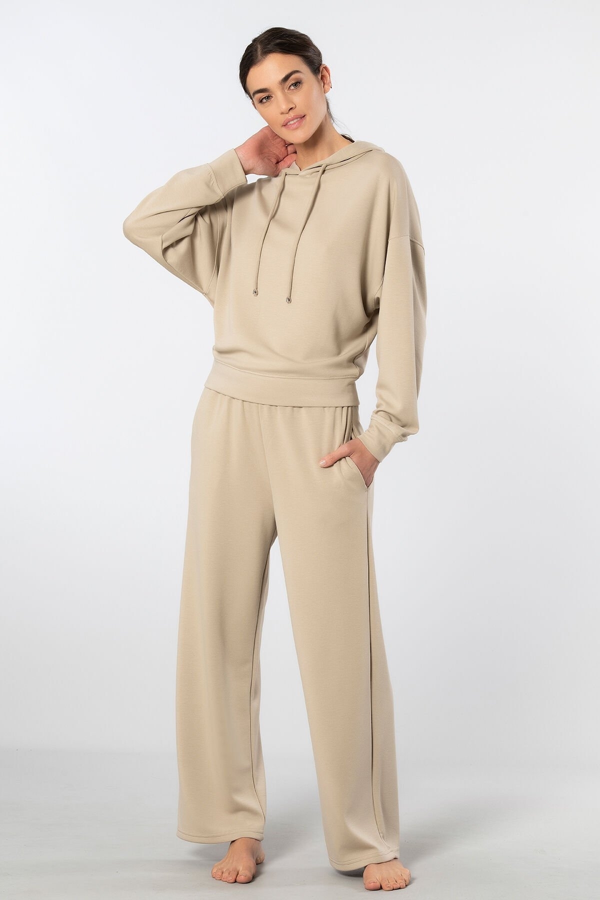 Viskon Polyester Elastan Kapüşonlu Eşofman Takımı Türen 3608 - Bej