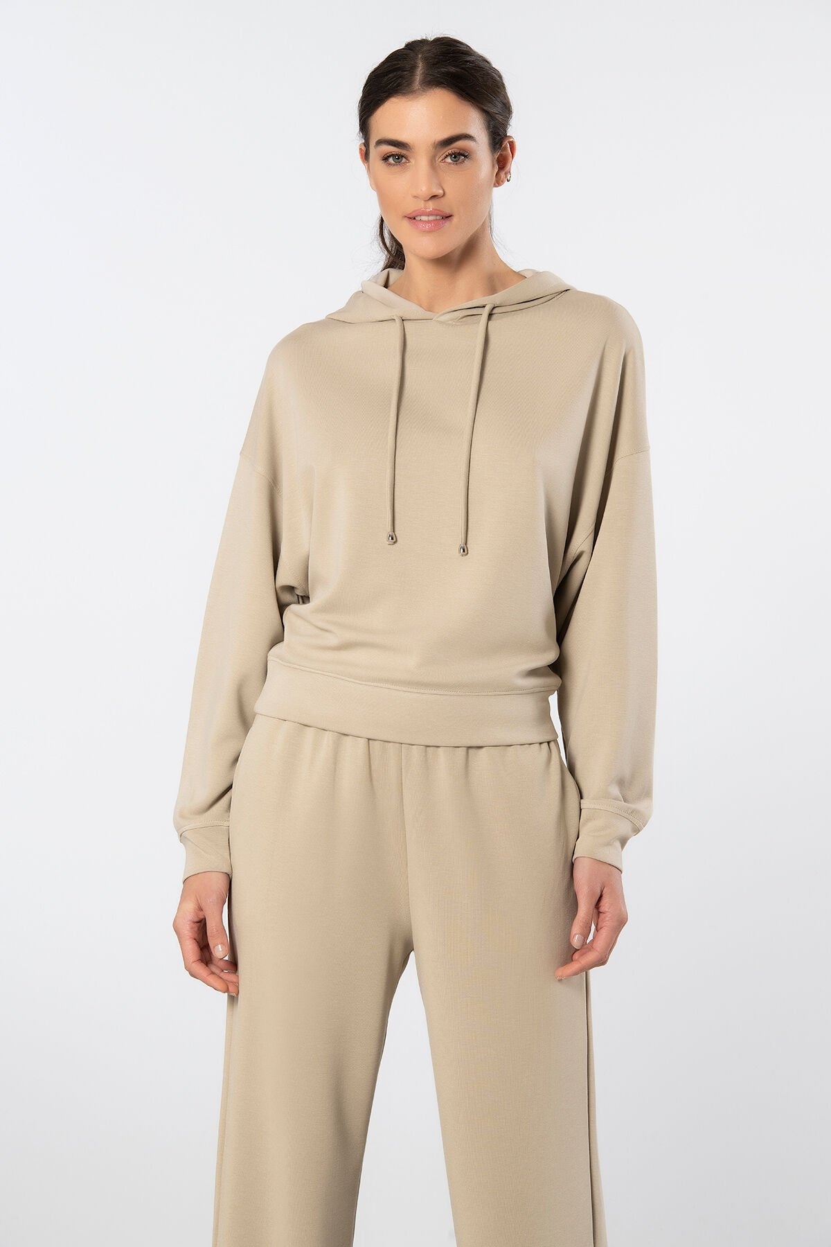 Viskon Polyester Elastan Kapüşonlu Eşofman Takımı Türen 3608 - Bej