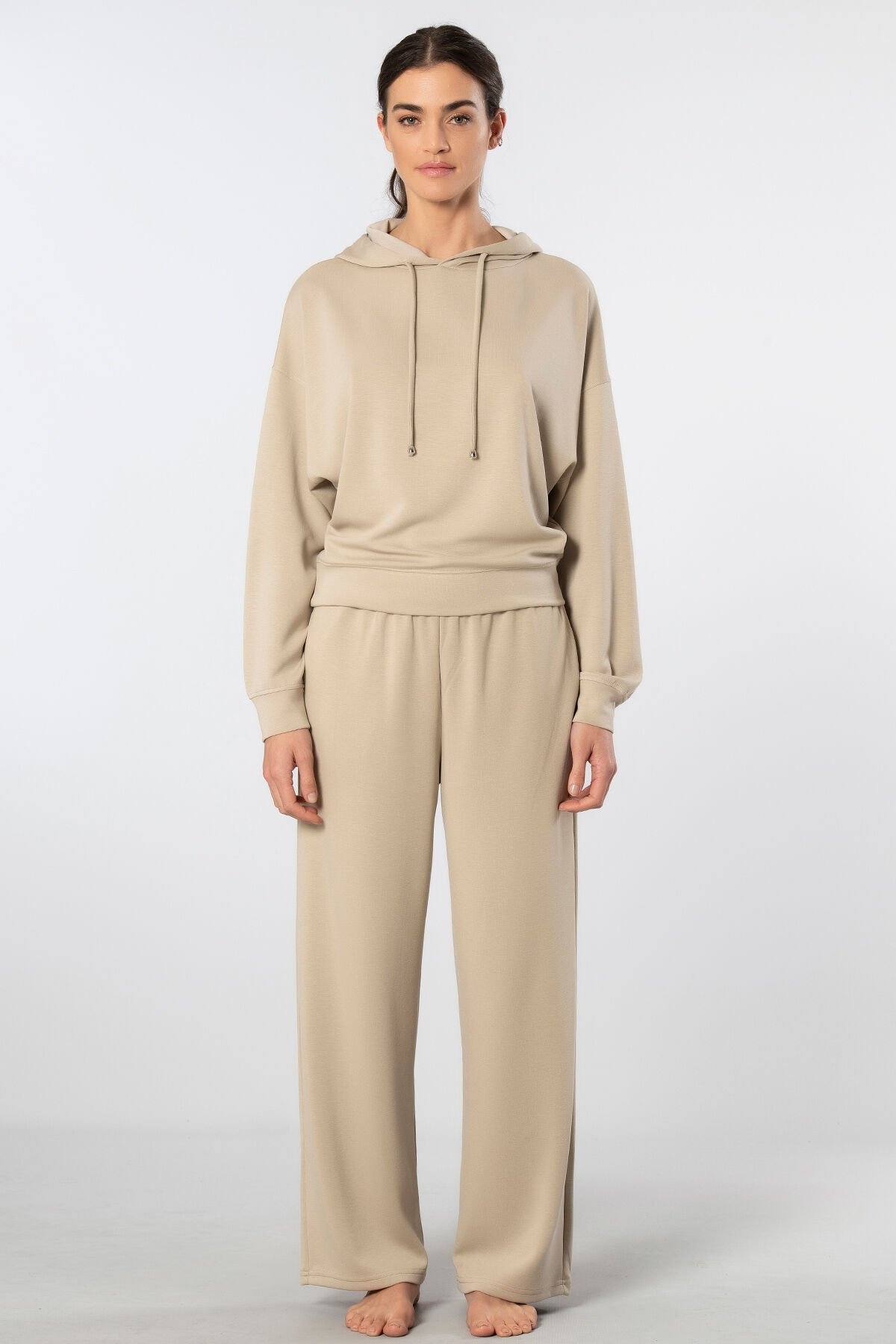 Viskon Polyester Elastan Kapüşonlu Eşofman Takımı Türen 3608 - Bej