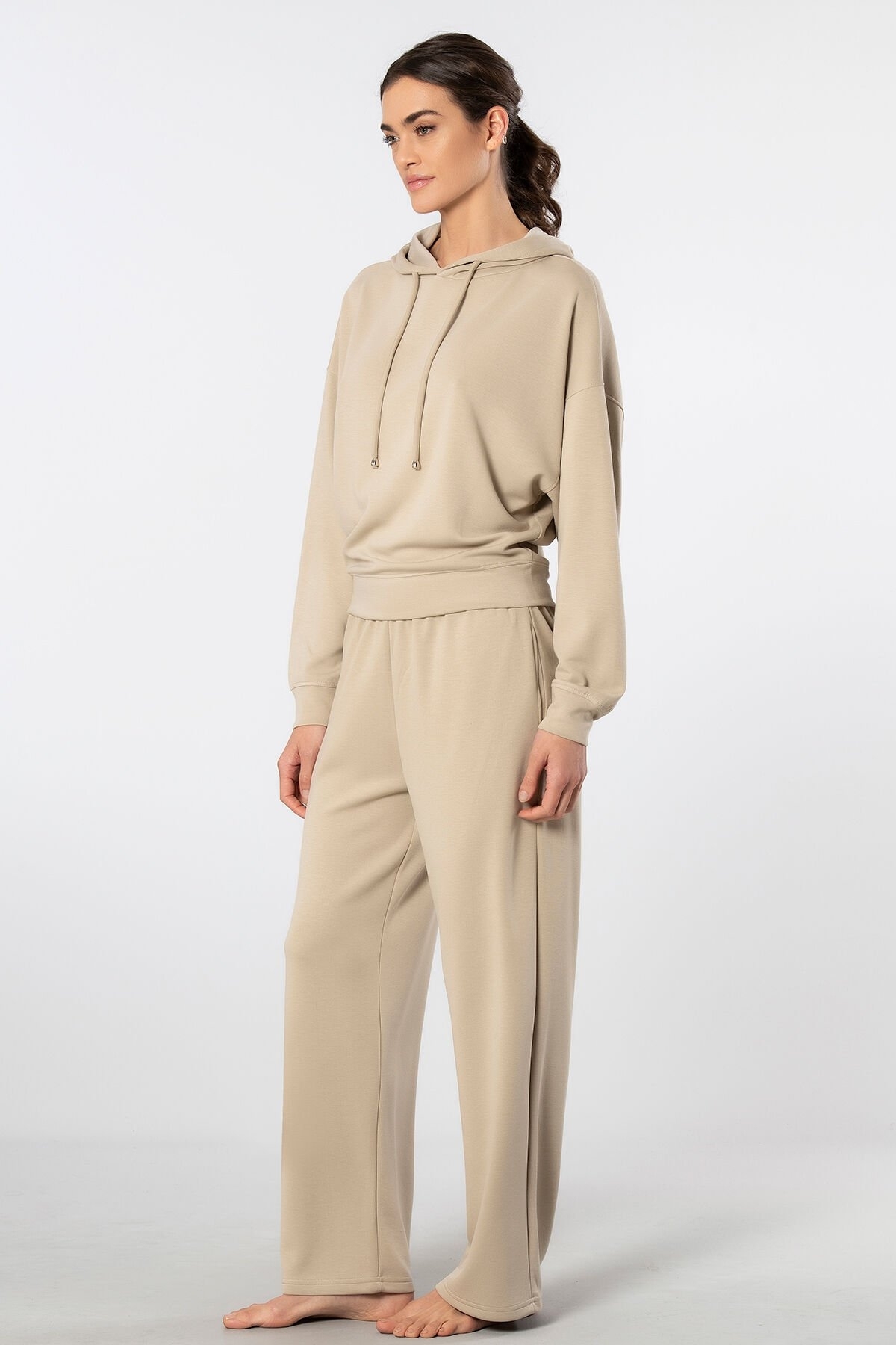 Viskon Polyester Elastan Kapüşonlu Eşofman Takımı Türen 3608 - Bej