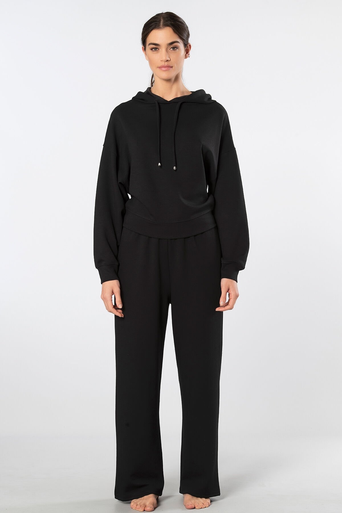 Viskon, Polyester, Elastan Siyah Kapüşonlu Eşofman Takımı Türen 3608 - Siyah