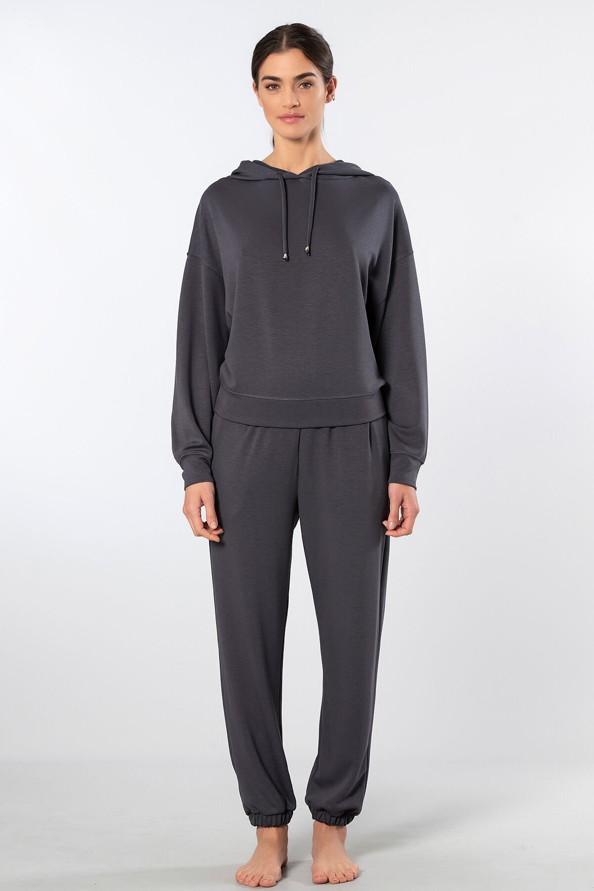 Kapüşonlu Viskon Elastan Jogger Eşofman Takımı Türen 3609 - Antrasit