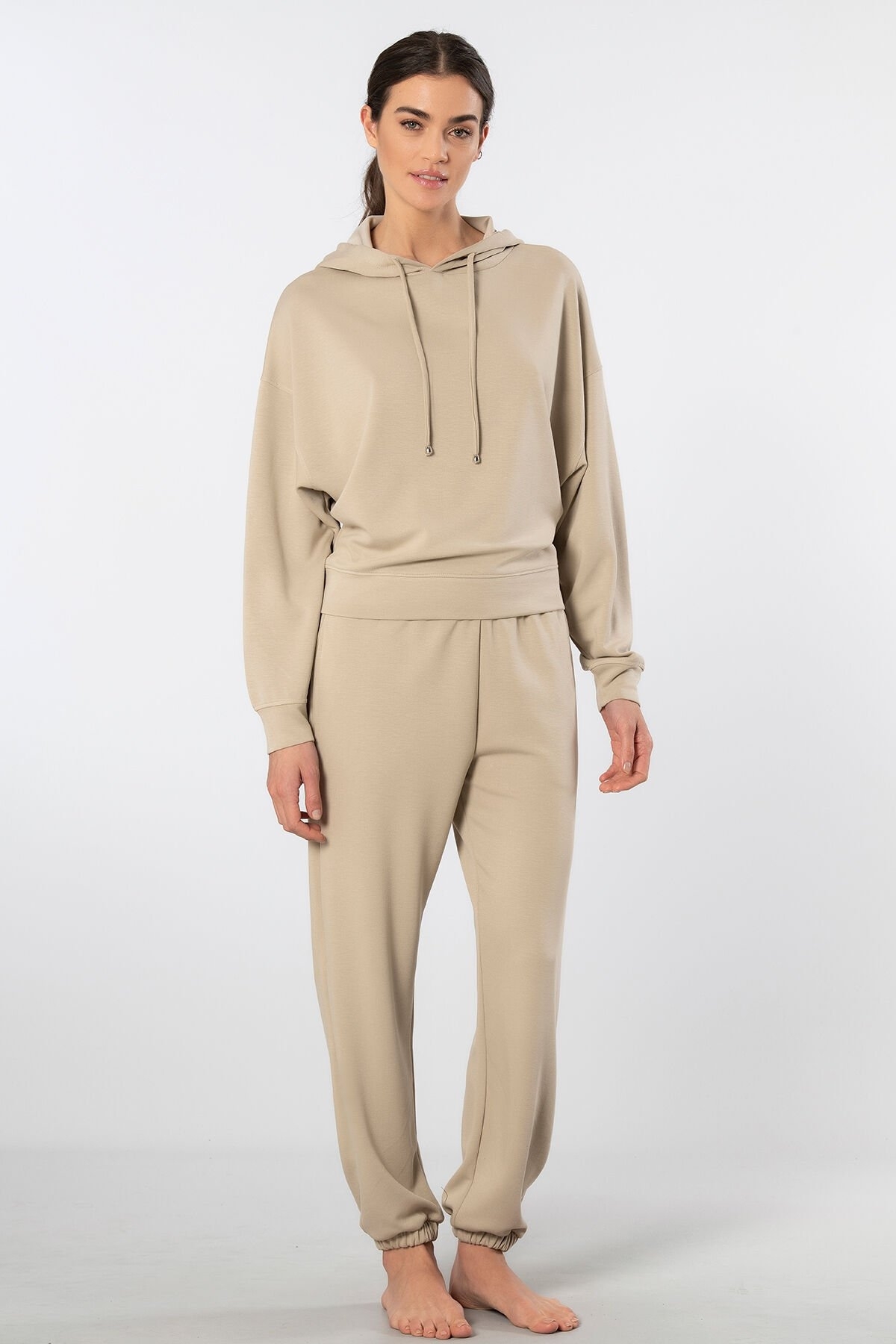 Viskon Elastan Bej Cepli Kapüşonlu Jogger Kadın Eşofman Takımı Türen 3609 - Bej