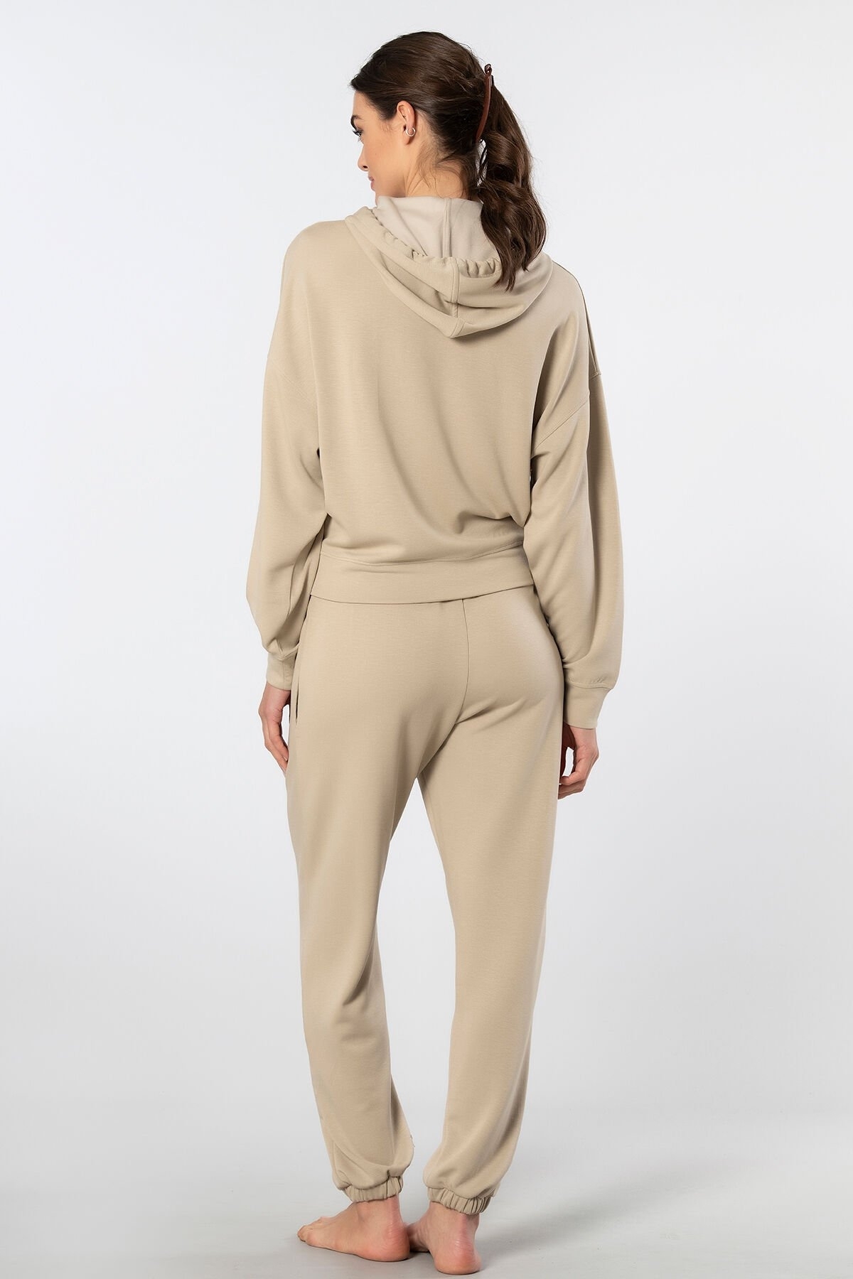 Viskon Elastan Bej Cepli Kapüşonlu Jogger Kadın Eşofman Takımı Türen 3609 - Bej