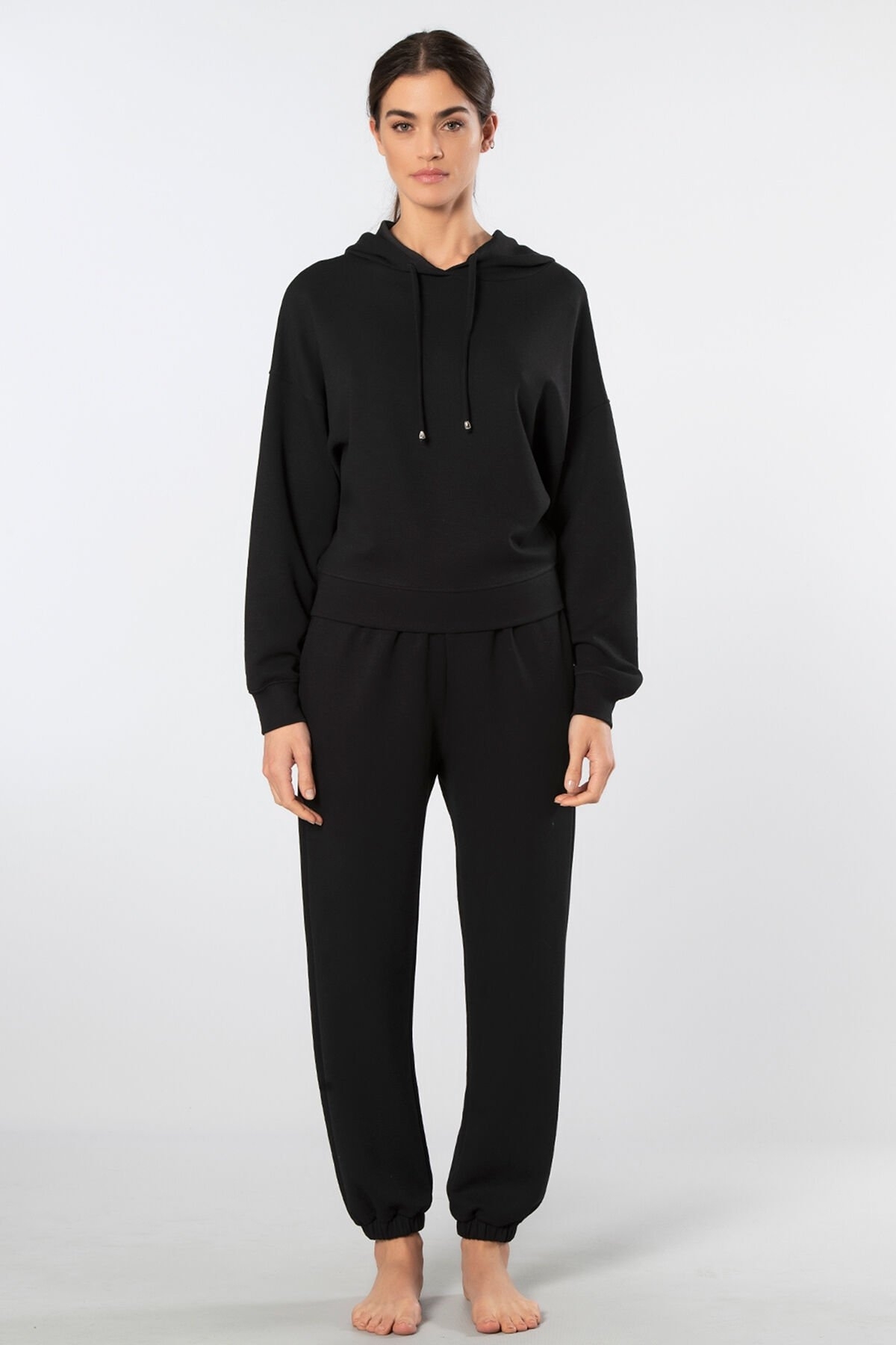 Viskon Polyester Elastan Kapüşonlu Eşofman Takımı Türen 3609 - Siyah