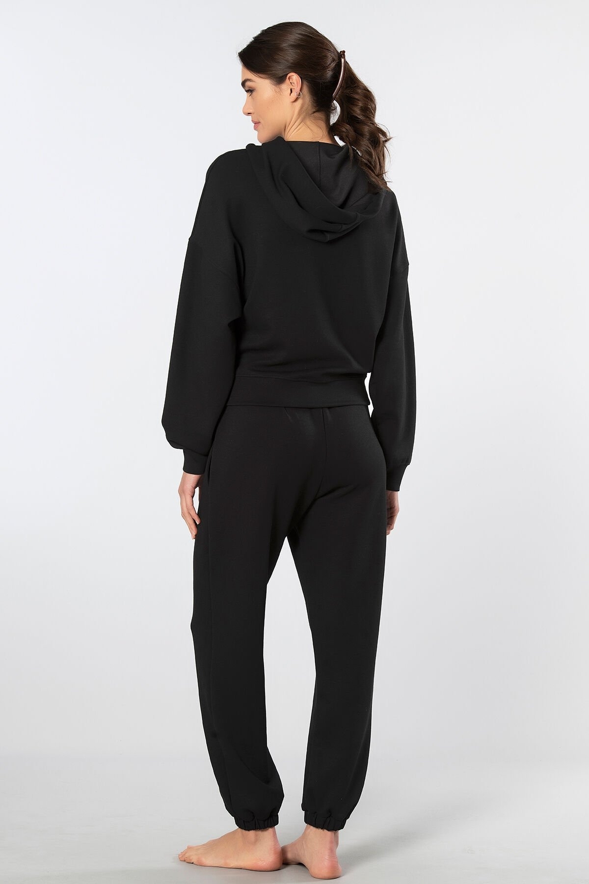 Viskon Polyester Elastan Kapüşonlu Eşofman Takımı Türen 3609 - Siyah