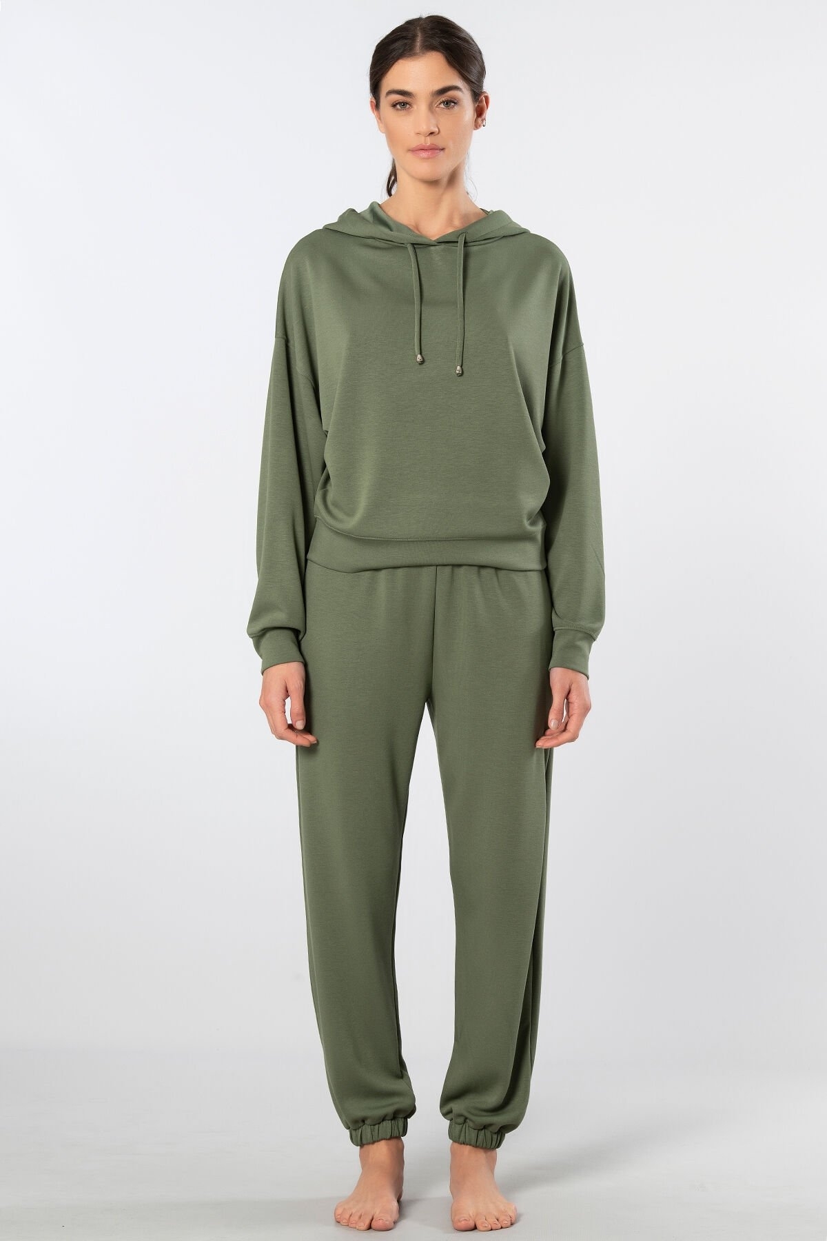 Kapüşonlu Cepli Kadın Jogger Eşofman Takımı Viskon Polyester Türen 3609 - Yeşil