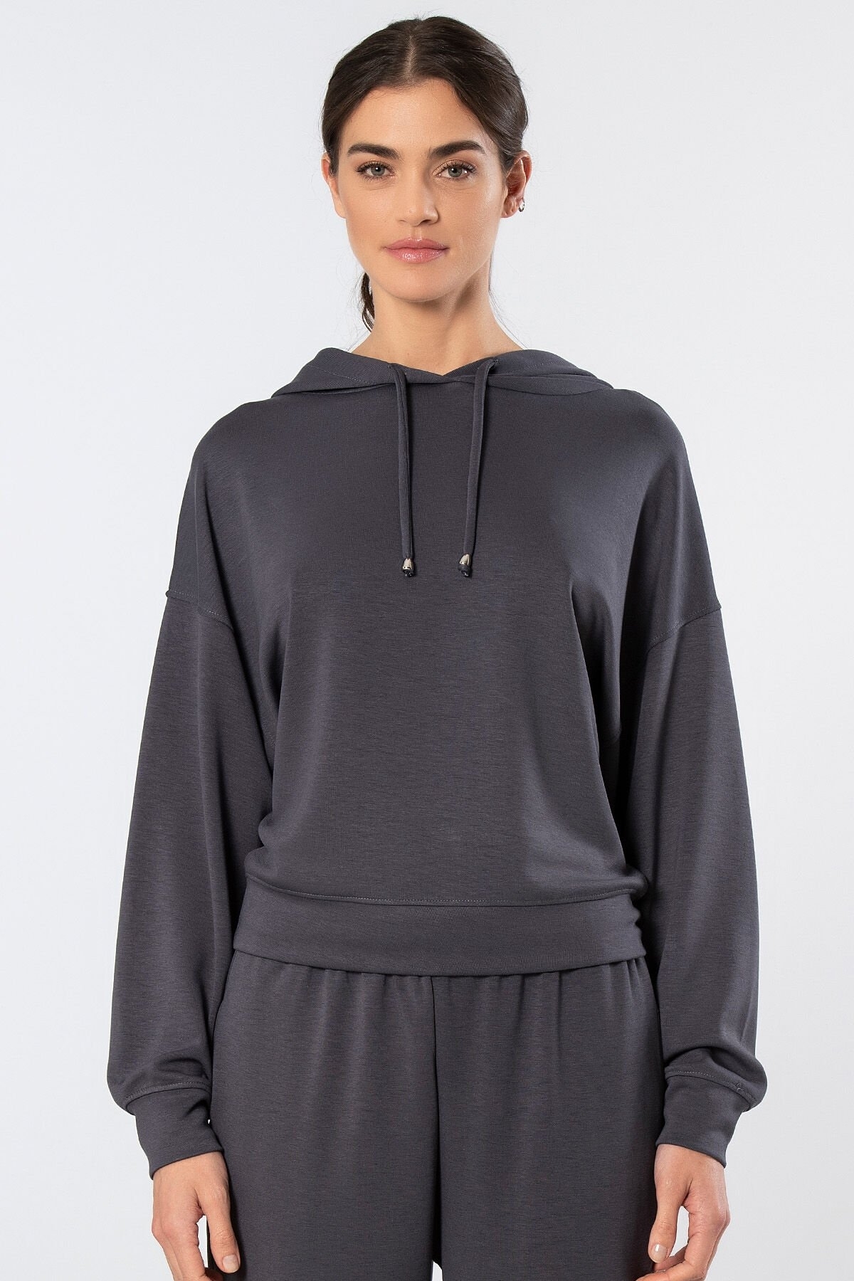 Viskon, Polyester ve Elastan Karışımı Kapüşonlu Sweatshirt Türen 3612 - Antrasit