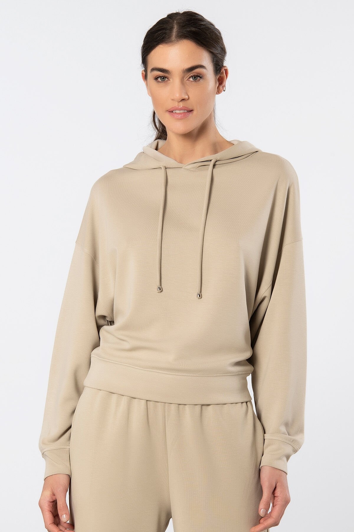 Viskon Polyester Elastan Kapüşonlu Sweatshirt Türen 3612 - Bej