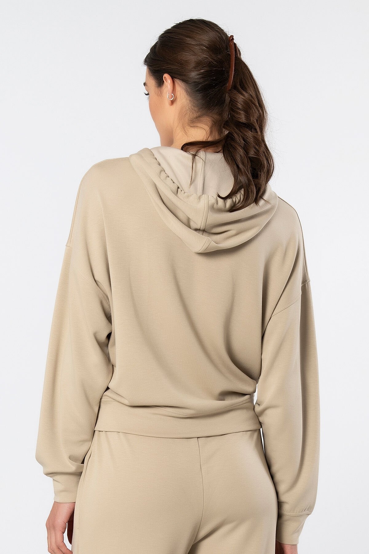 Viskon Polyester Elastan Kapüşonlu Sweatshirt Türen 3612 - Bej