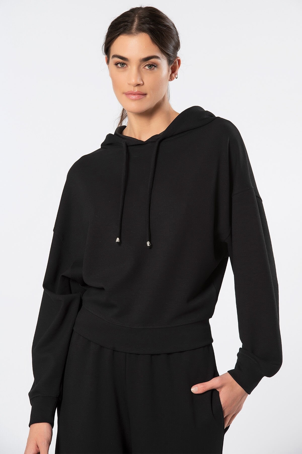 Kapüşonlu Viskon Polyester Sweatshirt Siyah Türen 3612 - Siyah