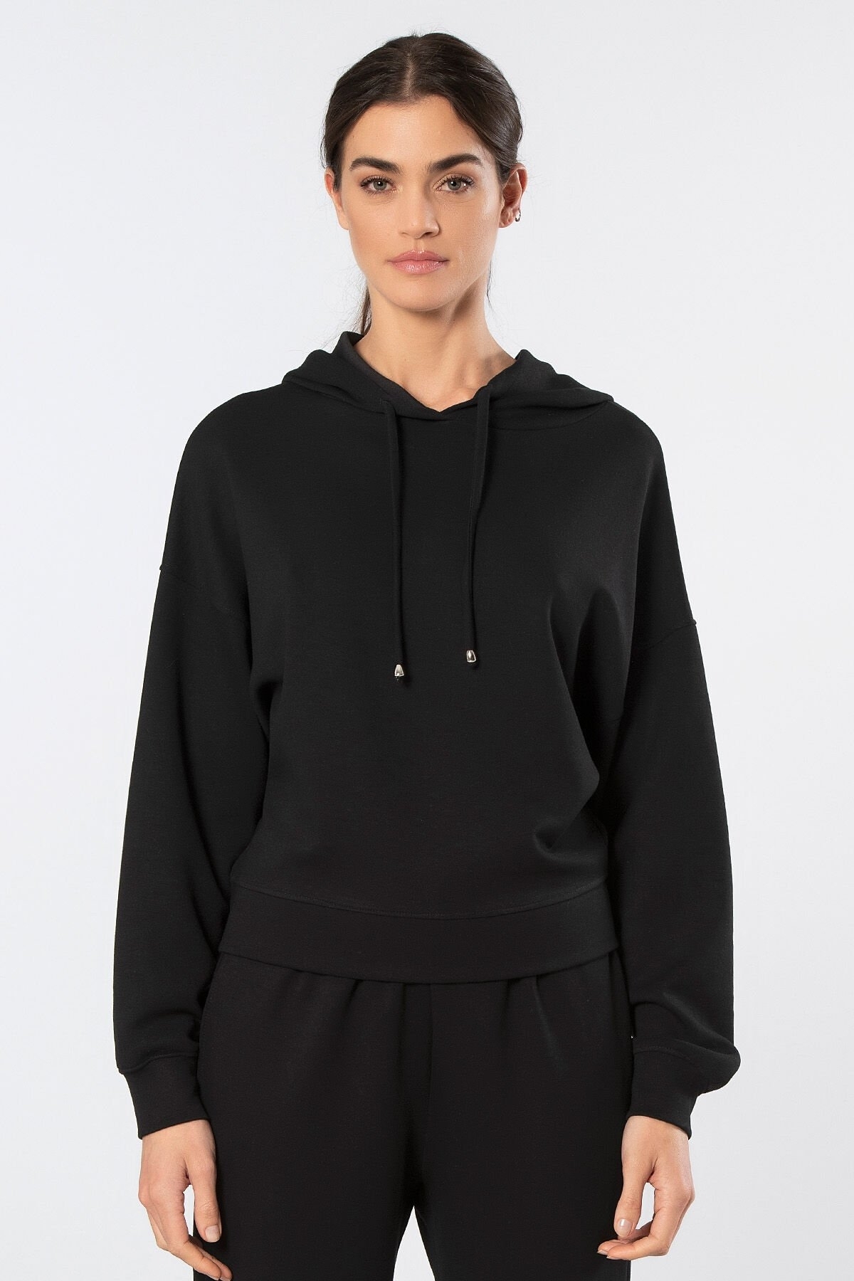 Kapüşonlu Viskon Polyester Sweatshirt Siyah Türen 3612 - Siyah