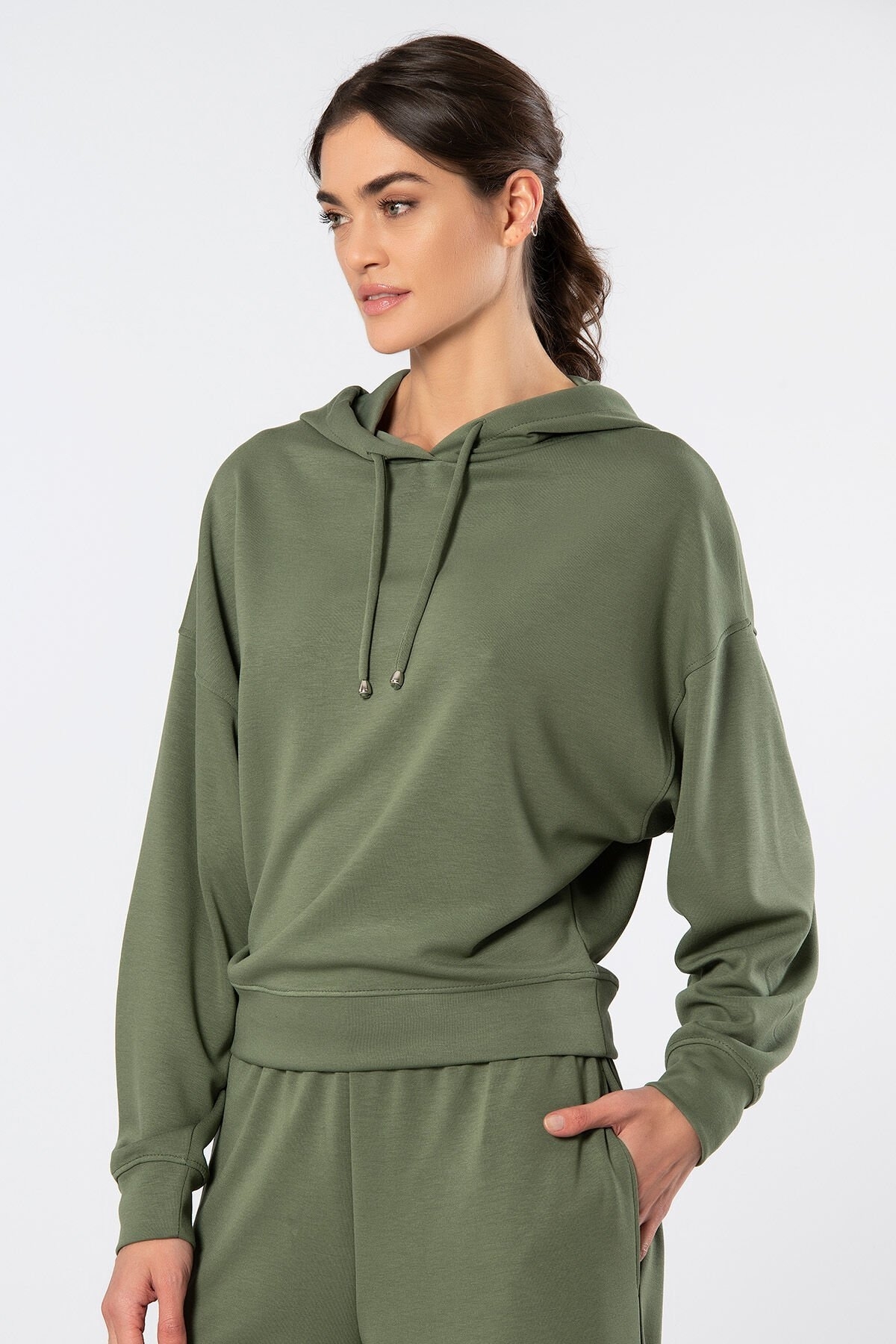 Viskon, Polyester, Elastan Uzun Kollu Kapüşonlu Sweatshirt Türen 3612 - Yeşil