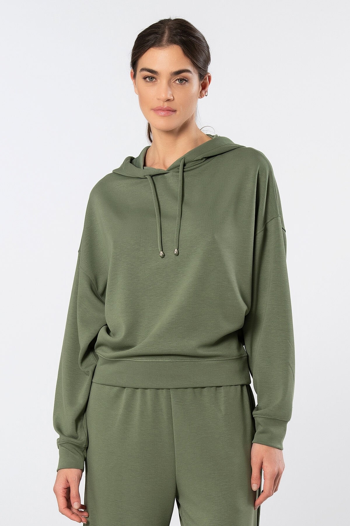 Viskon, Polyester, Elastan Uzun Kollu Kapüşonlu Sweatshirt Türen 3612 - Yeşil