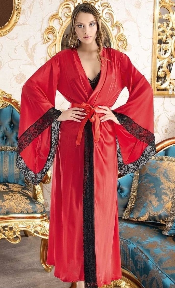 Kırmızı Saten Sabahlıklı Üçlü İç Çamaşırı Takımı Nathalie 4047 - Siyah