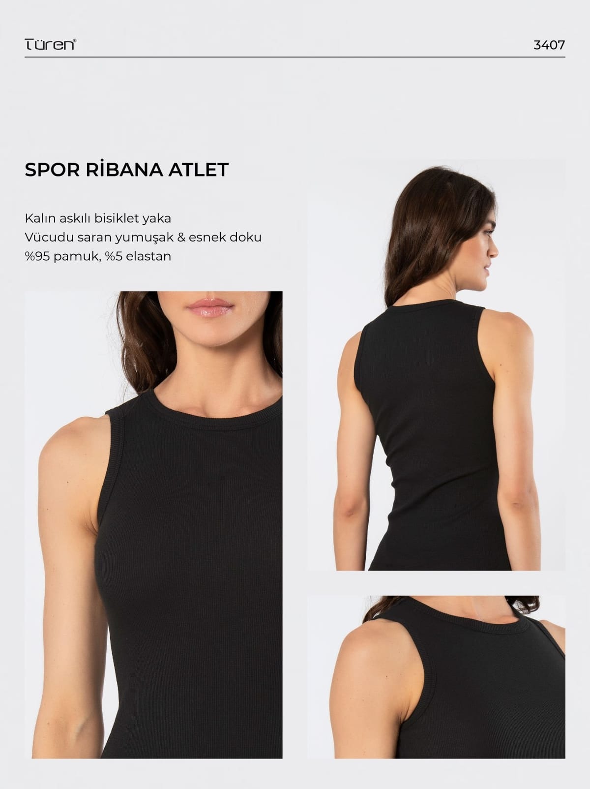 Pamuklu Elastan Siyah Kadın Kolsuz Atlet Türen 3407 - Siyah