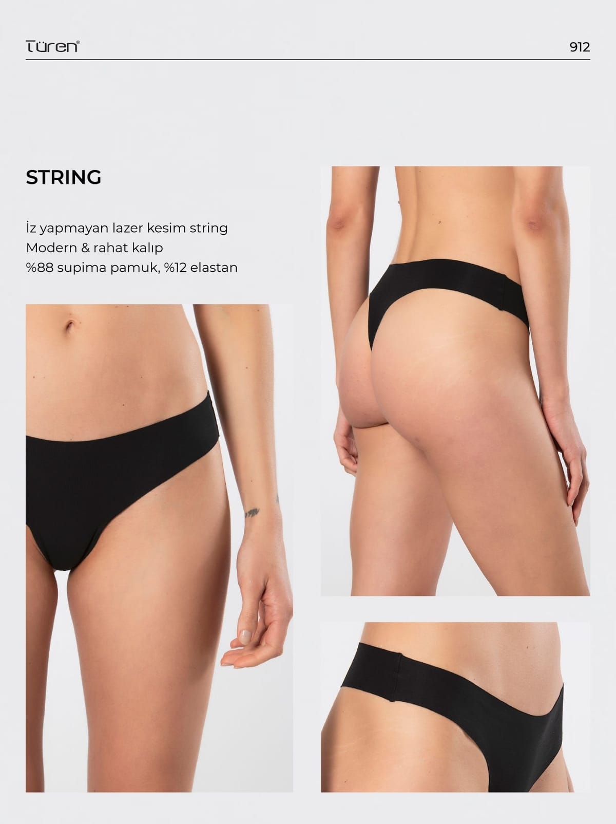 Yüksek Bel Lazer Kesim Pamuklu String Kadın Külot Türen 912 - Siyah