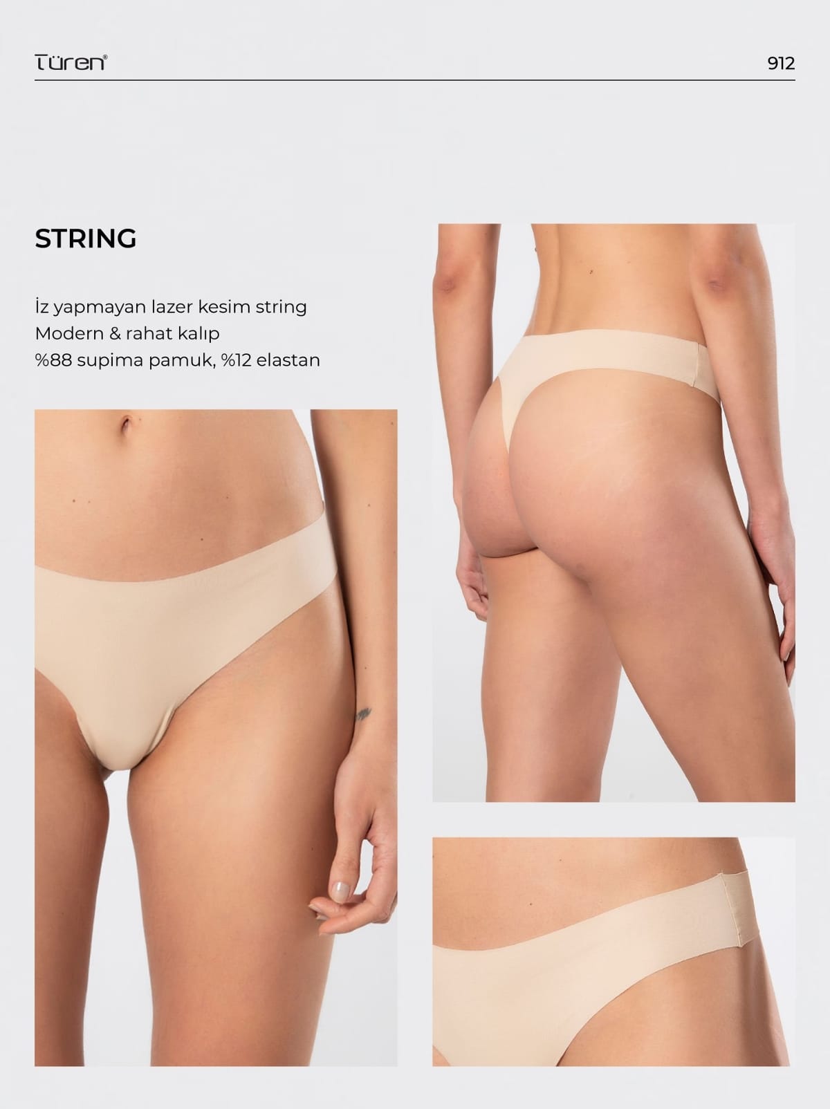 Yüksek Bel Lazer Kesim Pamuklu String Kadın Külot Türen 912 - Ten