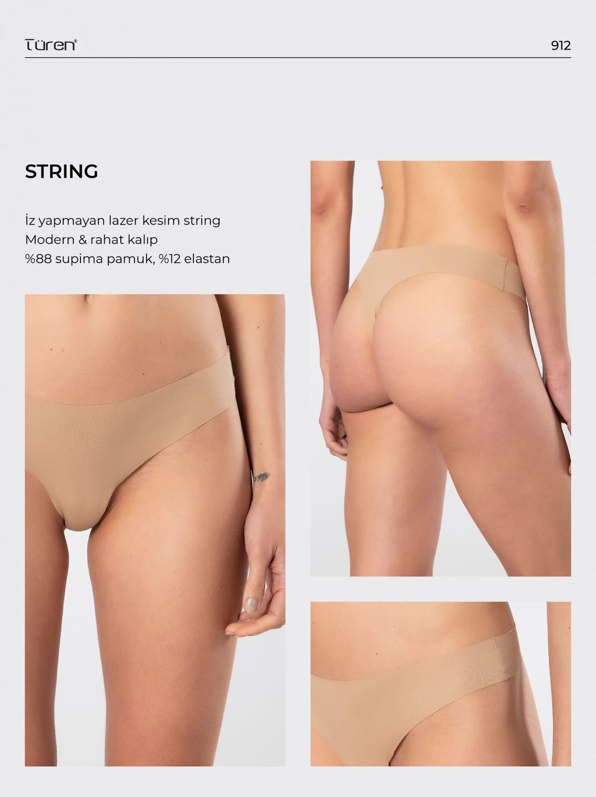 Yüksek Bel Lazer Kesim Pamuklu String Kadın Külot Türen 912 - Vizon