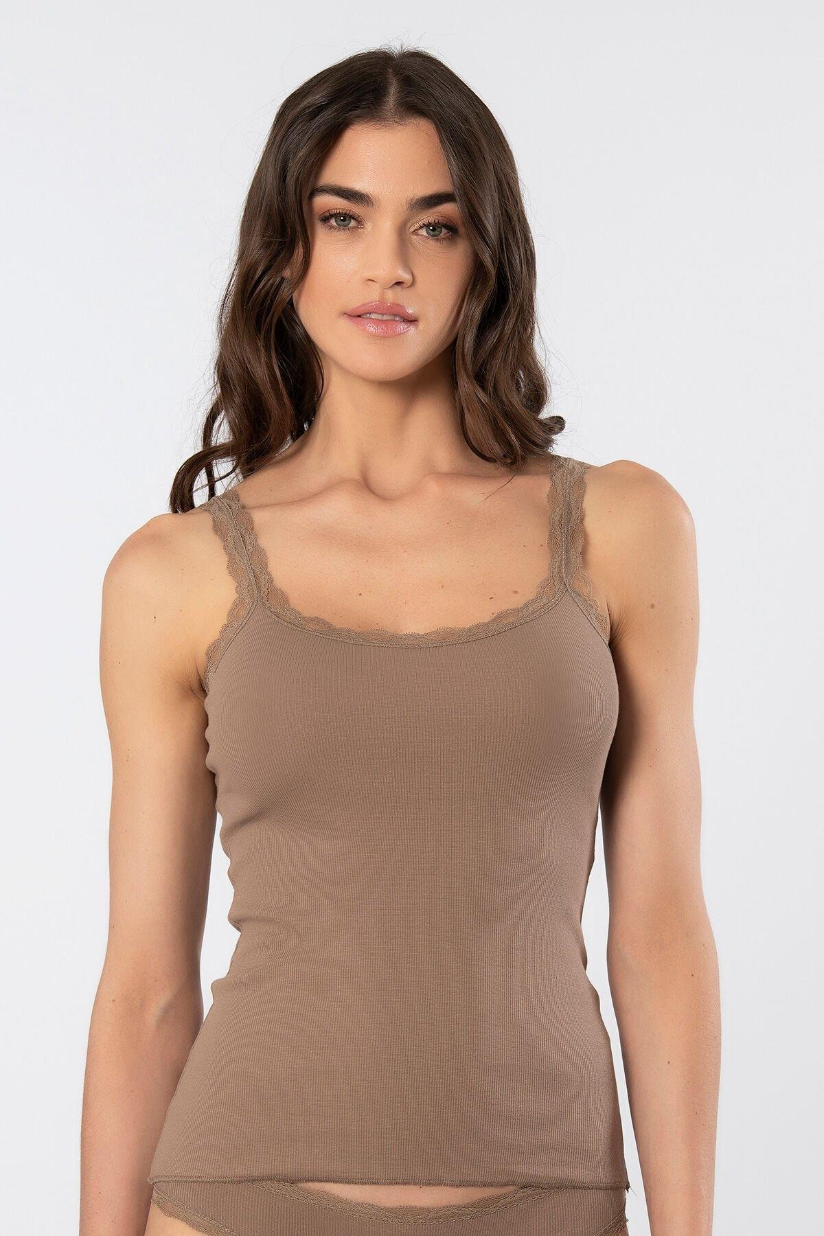 Dantelli İp Askılı Kadın Atlet Pamuklu Türen 926 - Vizon