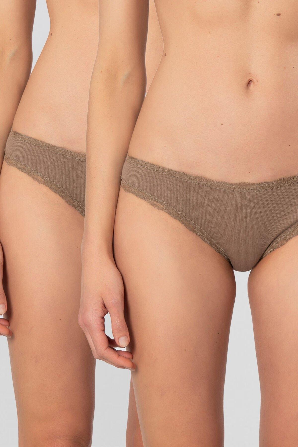 Yüksek Bel Pamuklu Ribana Dantelli Bikini Külot Türen 928 - Vizon