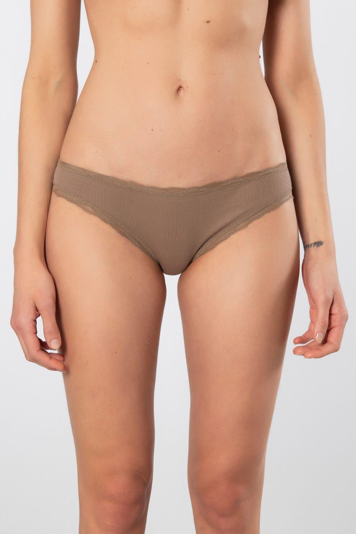 Yüksek Bel Pamuklu Ribana Dantelli Bikini Külot Türen 928 - Vizon