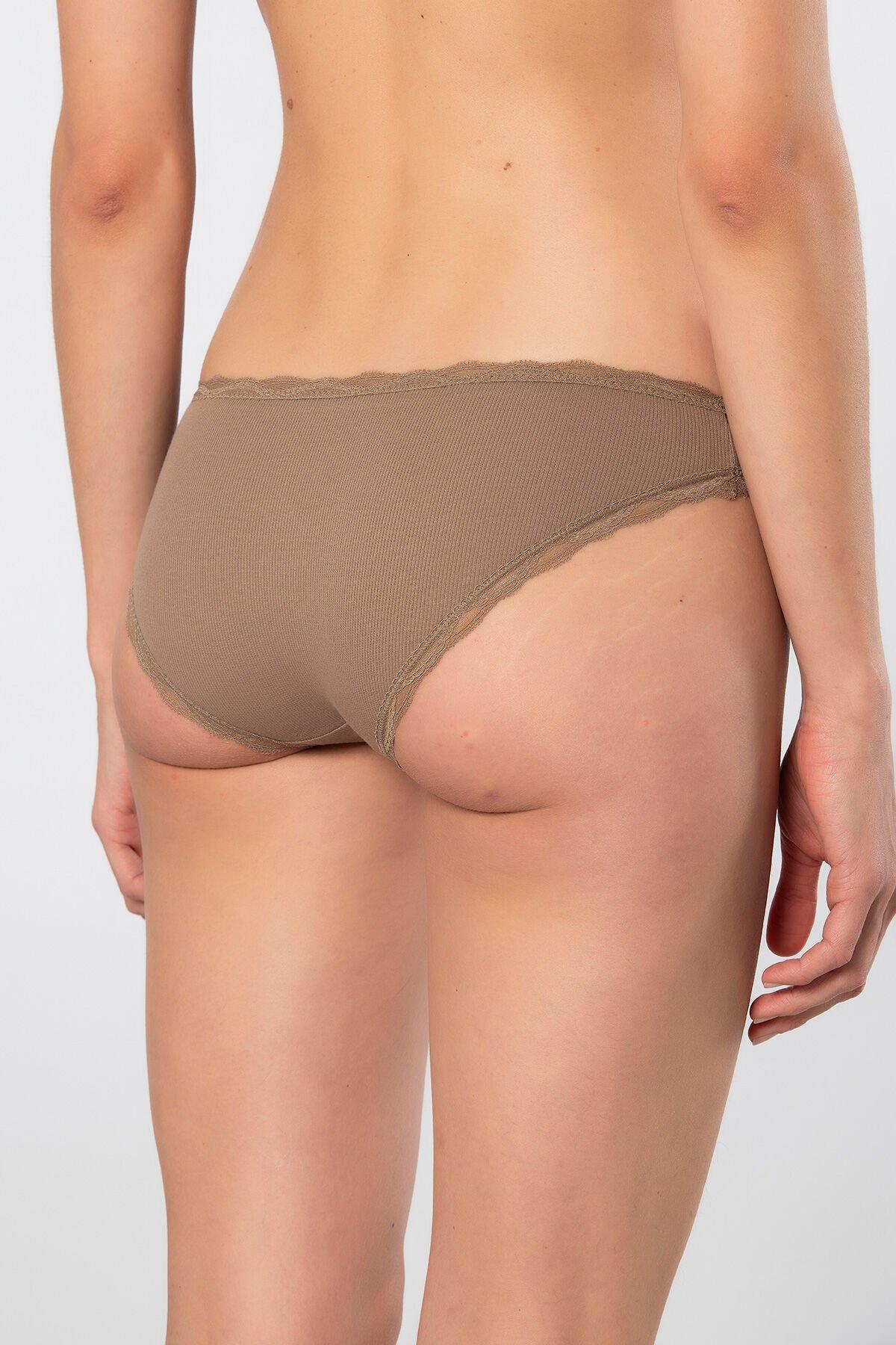 Yüksek Bel Pamuklu Ribana Dantelli Bikini Külot Türen 928 - Vizon