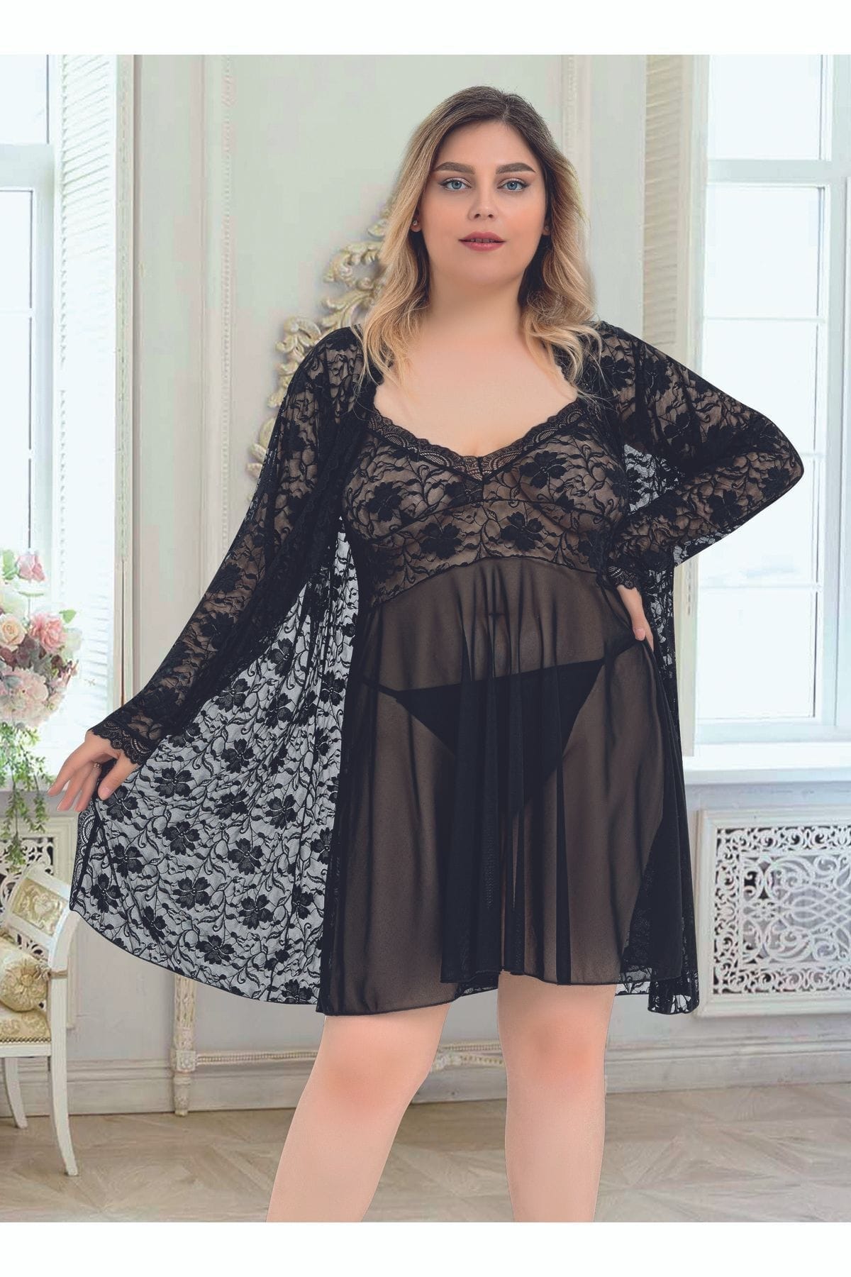 Kadın Siyah Tül Detaylı Tek Parça Body Nathalie 4006 - Siyah