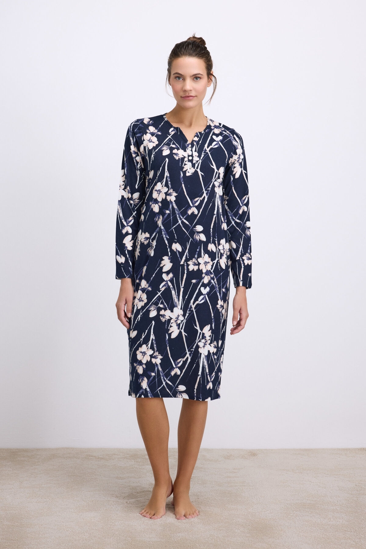 Kadın Uzun Kollu, Nefes Alabilen Yumuşak Kumaş, Konforlu ve Şık Günlük Ev Giyimi Anıl 11534 - Lacivert