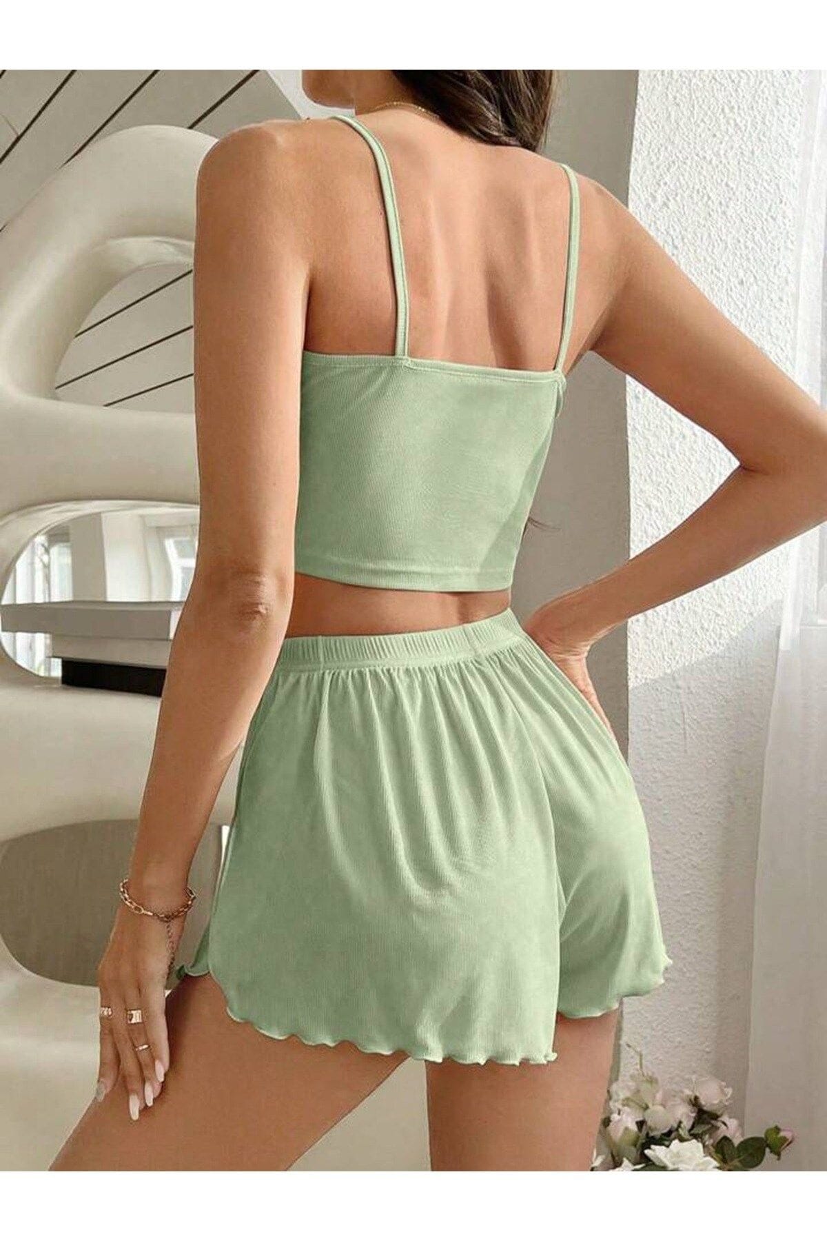 Yeşil Mini Şortlu Pijama Takımı Penye Ruselin 5024 - Yeşil