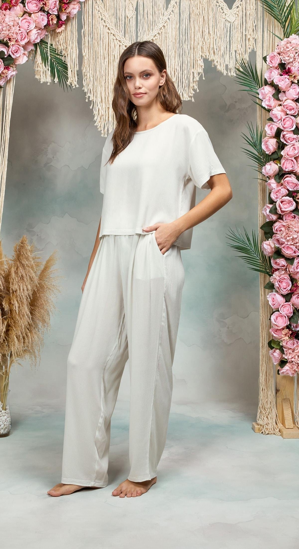 Viskon Taş Rengi Kadın Pijama Takımı Doreanse 25Y4071 - Ekru