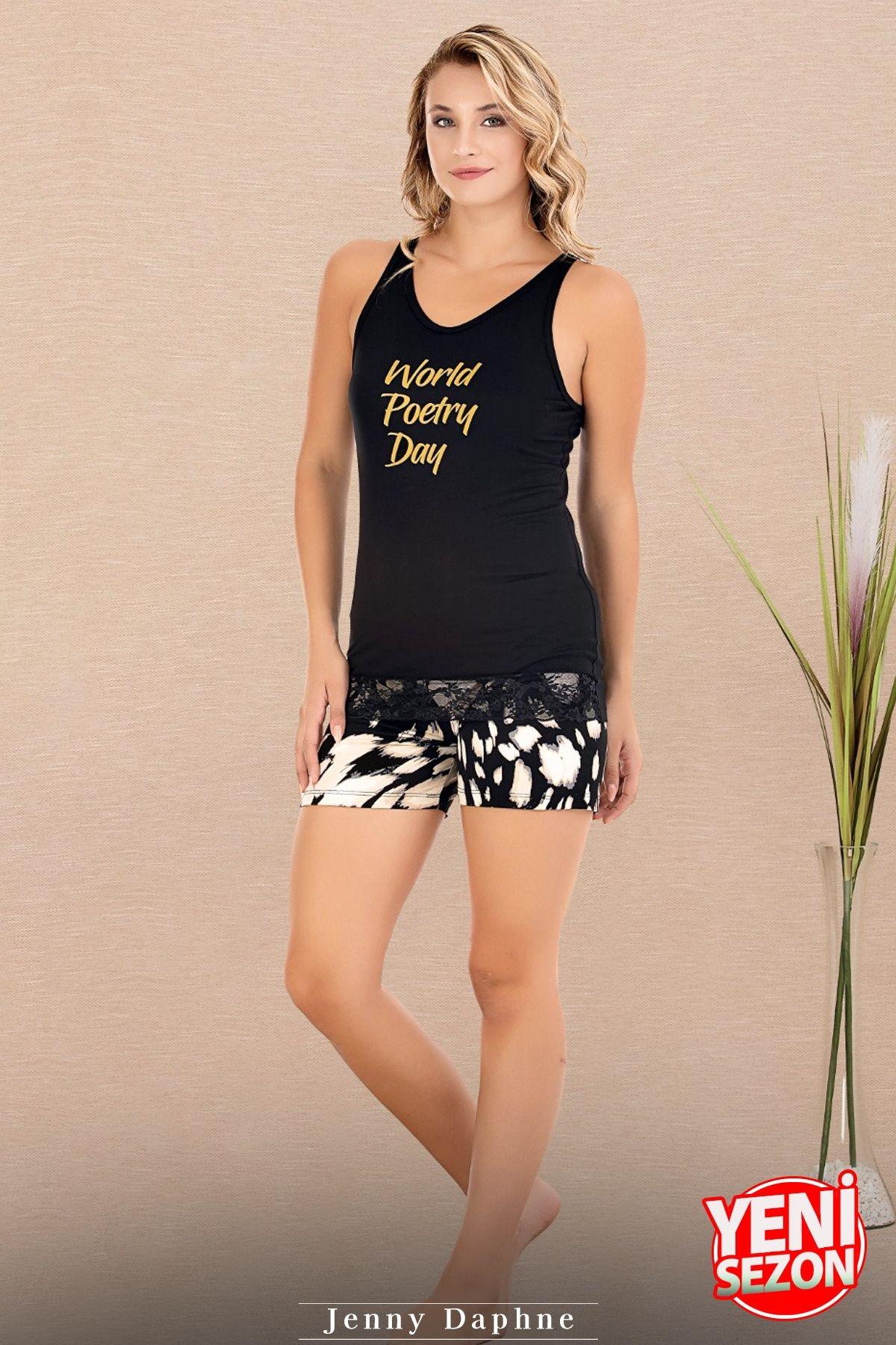 Desenli Kalın Askılı Şortlu Pijama Takımı Lady 7727 - Siyah