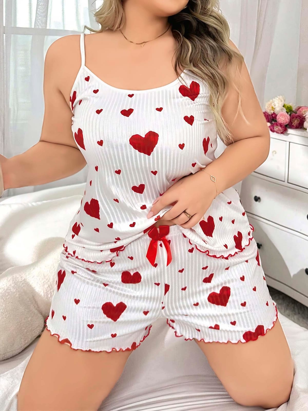 Kalp Desenli Askılı Mini Şort Takım Kadın Pijama Takımı Lily Bianca 13041 - Beyaz