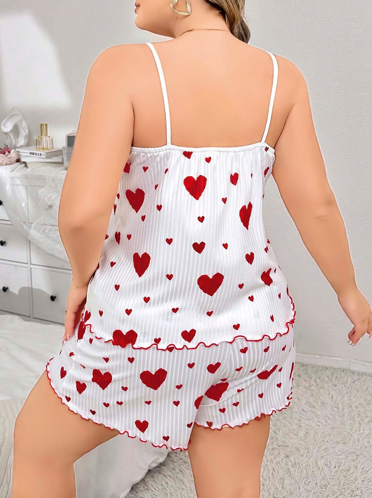 Kalp Desenli Askılı Mini Şort Takım Kadın Pijama Takımı Lily Bianca 13041 - Beyaz
