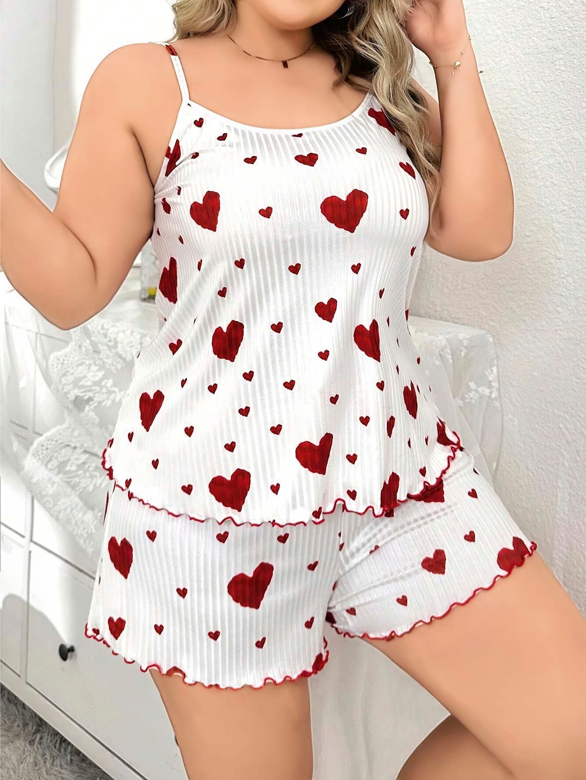Kalp Desenli Askılı Mini Şort Takım Kadın Pijama Takımı Lily Bianca 13041 - Beyaz